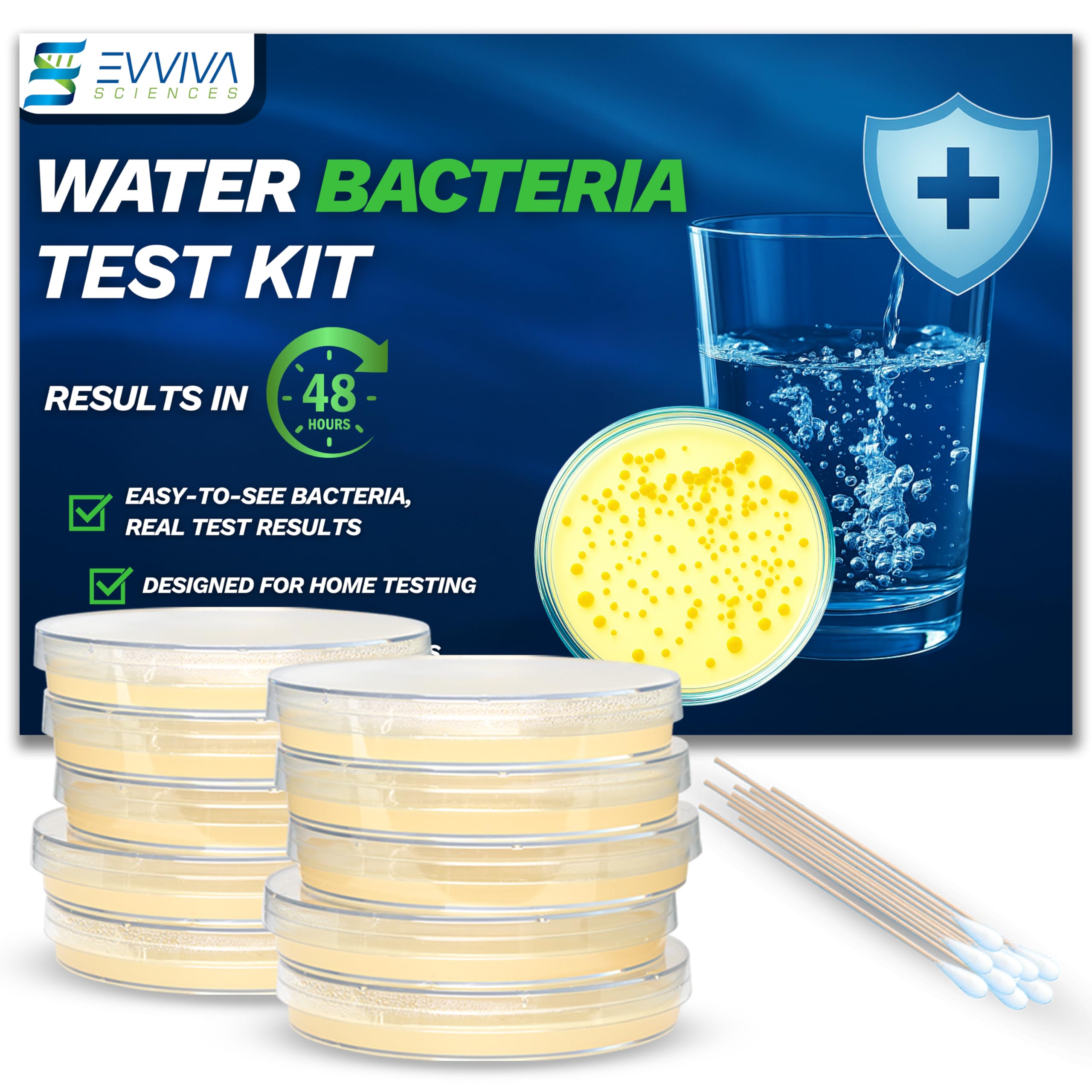 Evviva Sciences Water Bacteria Test Kit – 10 Tests for Total Bacteria, coliforms & E. coli. Lab-Ready agar Plates for Well, tap, Pool, & City Water. Fast DIY Results + Optional lab Report.