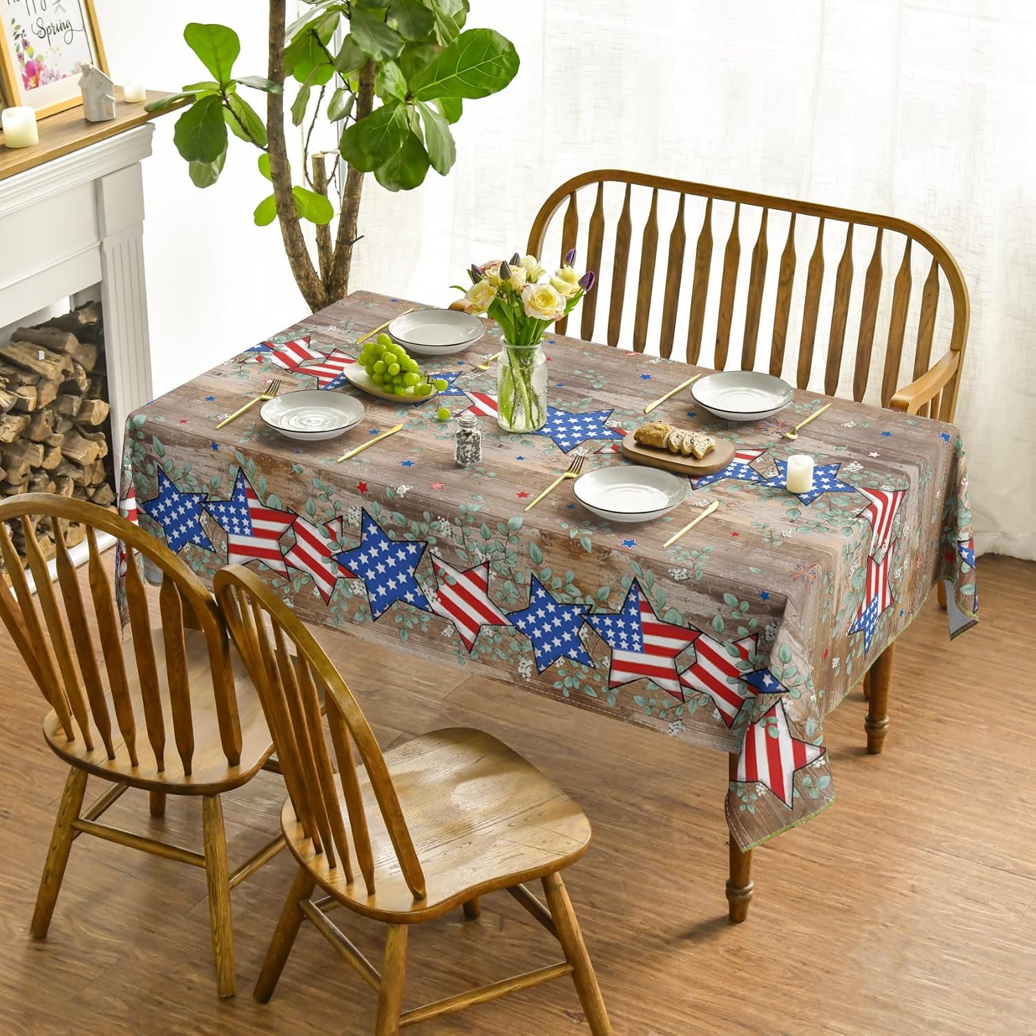 Horaldaily 4th of July Tablecloth 60×120 Inch Rectangular, Wood Color Patriotic Eucalyptus Star Independence Day Memorial Day Table Cover for Party Dinner Patio Garden Picnic