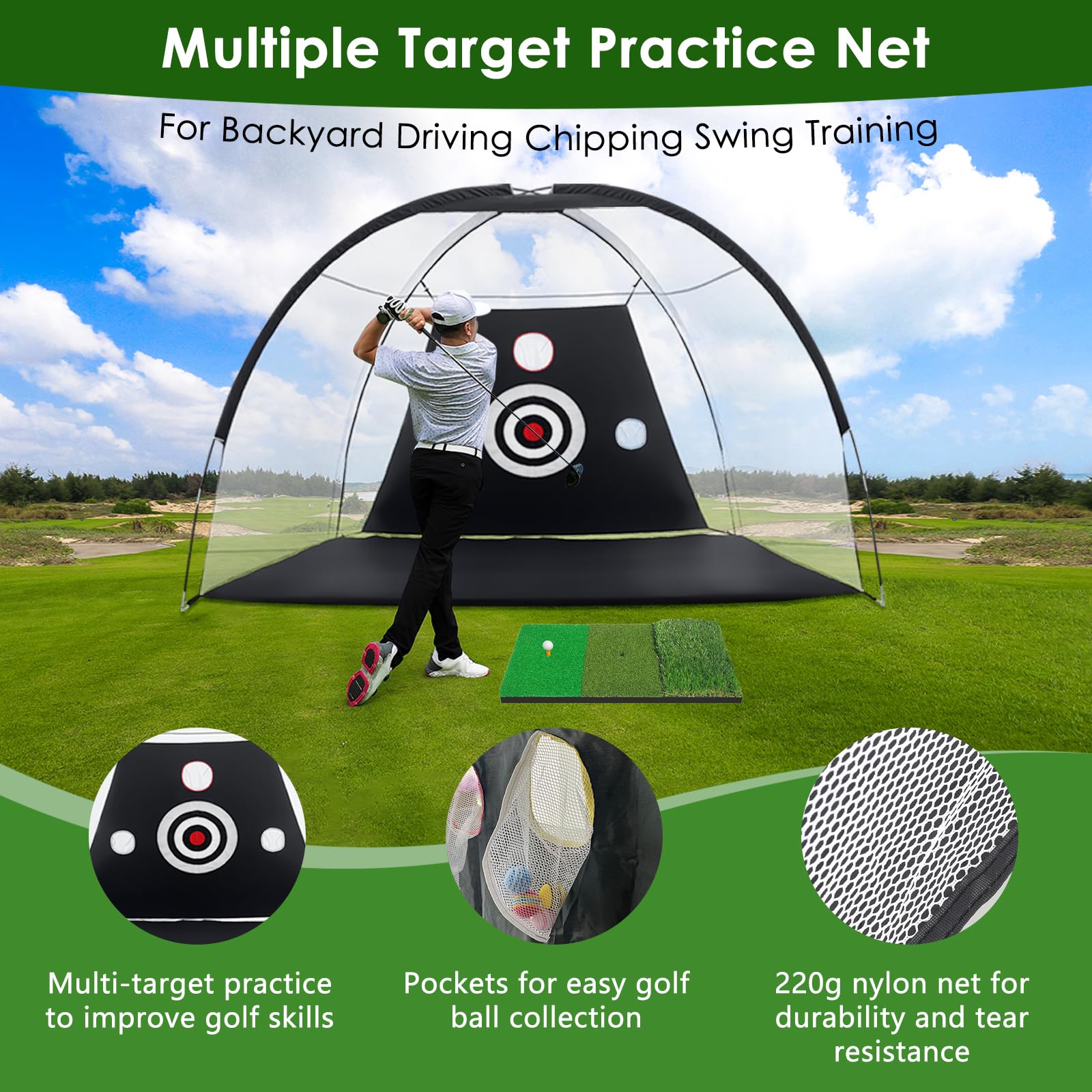 10x7FT Golf Netz, Golf Übungsnetz Outdoor Indoor Chipping-Training, Golfnetz GolfTrainingsnetz für Geschenke, Golfzubehör Practice Net mit Schlagmatte, Bälle, Tee, Schlagkorrektor