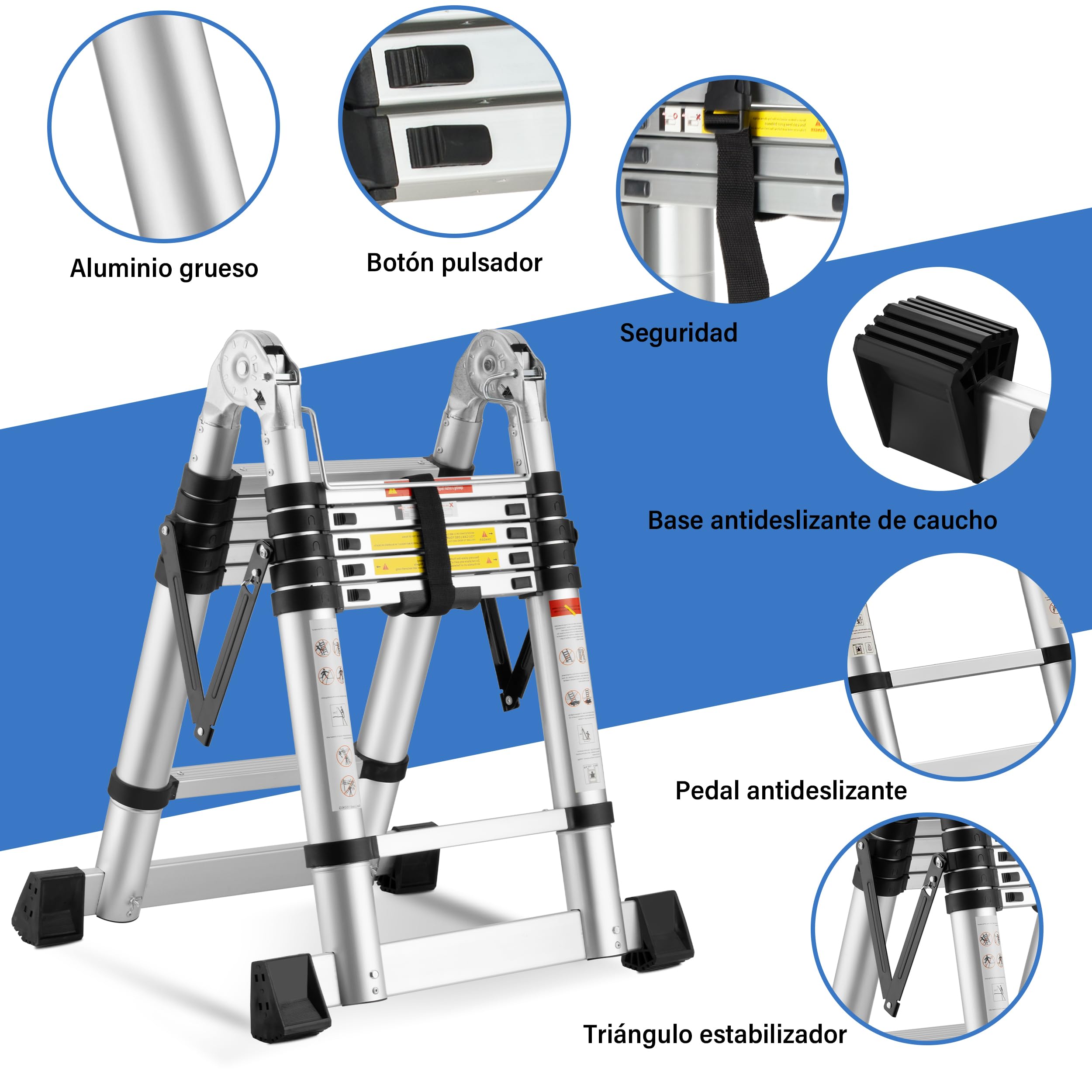 DEWINNER Escalera telescópica 3,8 m (1.9+1.9), Escalera Plegable 2 en 1, Escalera de Aluminio con Ganchos para Uso Interior y Exterior, Carga máxima de 150 kg, Color Plateado