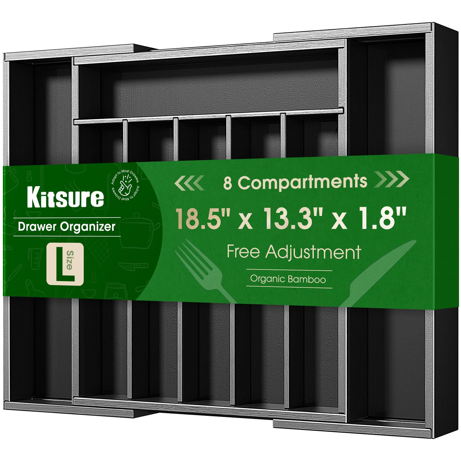 Kitsure Silverware Organizer, Bamboo Kitchen Drawer Tray, Black, Large