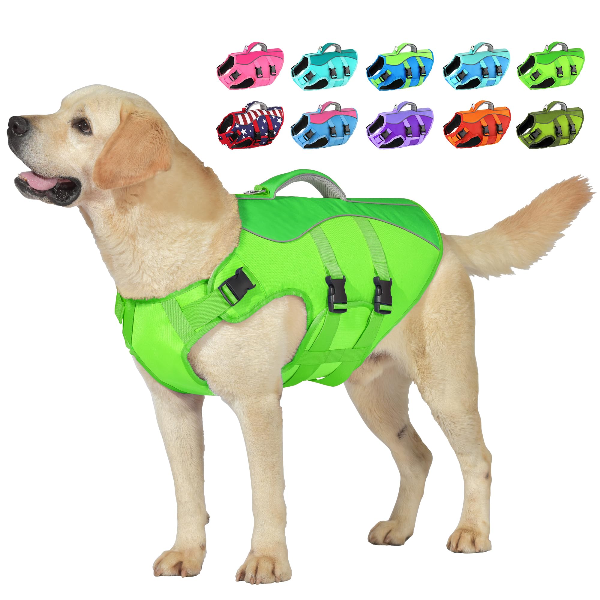 Petglad Dog Life Jacket, High Buoyancy Dog Life Vest with Handle for Swimming Boating, Adjustable Swimming Vest with Reflective Trim for Small Medium Large Dogs - Green, XL โ image 1