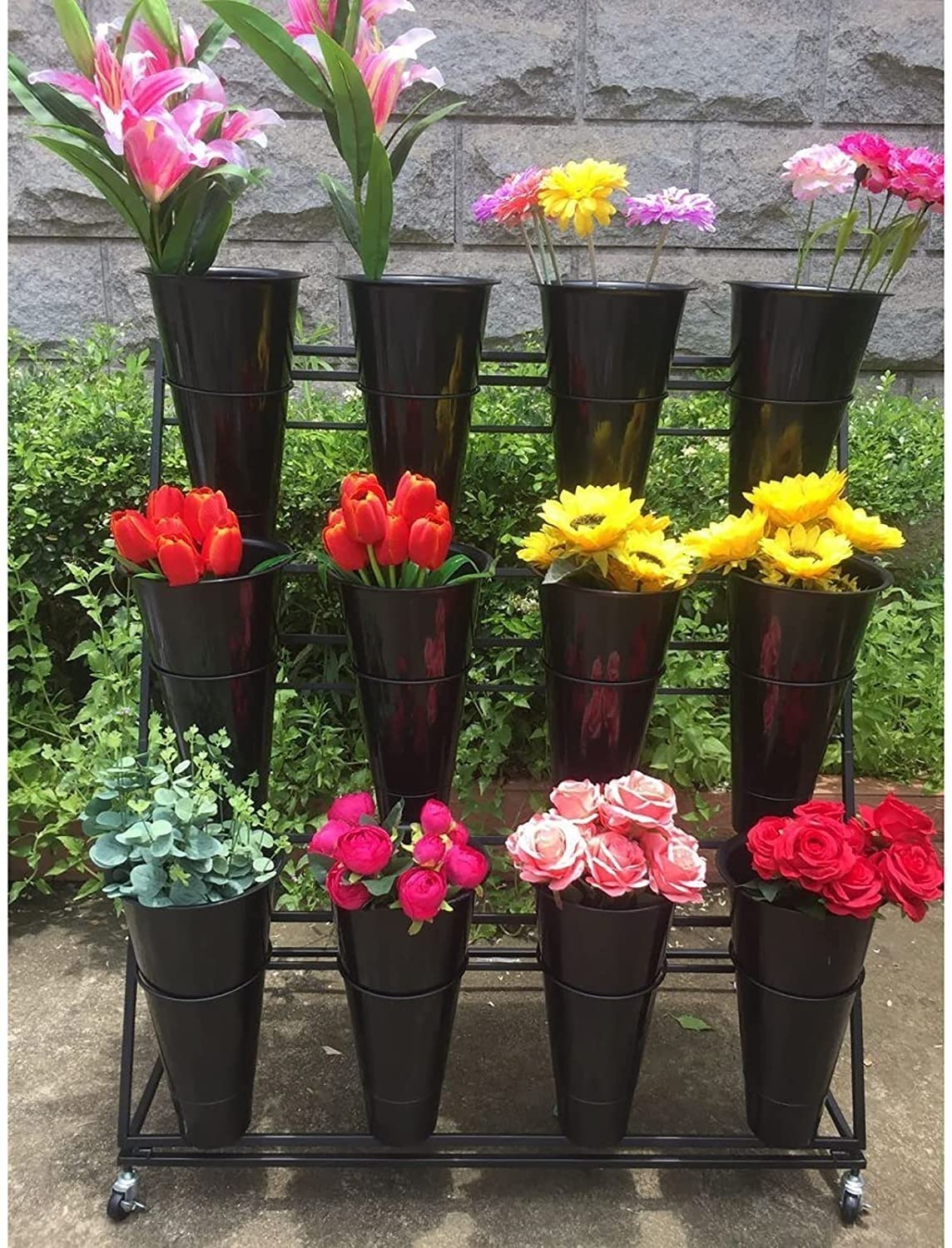 Espositore per Fiori con 12 secchi in plastica - Supporto per Piante in Ferro con 4 Ruote universali, ripiano per Bouquet di fiorista Mobile in Metallo a 3 Strati per ne