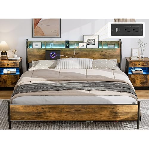 IKIFLY King Size Bed Frame with Storage Shelf Headboard & Charging Station, Industrial Metal King Platform Bed with LED Lights, Strong Metal Slats Support, No Box Spring Needed, Rustic Brown