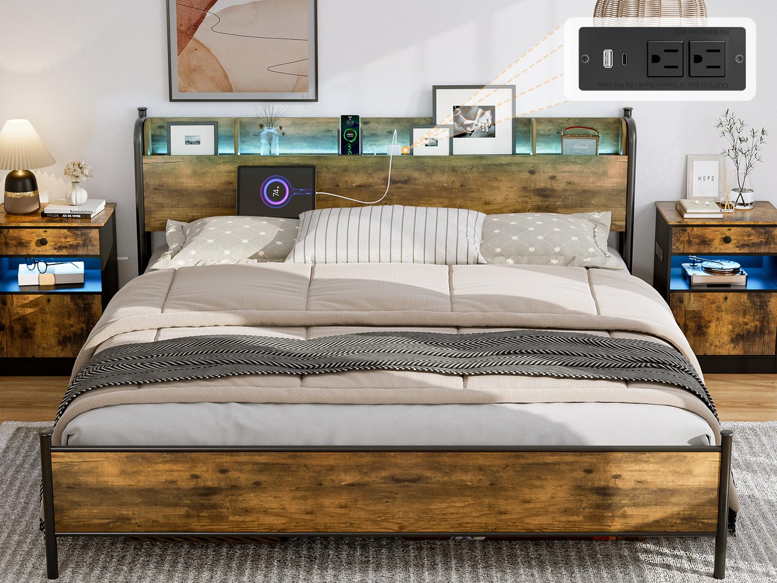 IKIFLY King Size Bed Frame with Storage Shelf Headboard Charging Station Industrial Metal King Platform Bed with LED