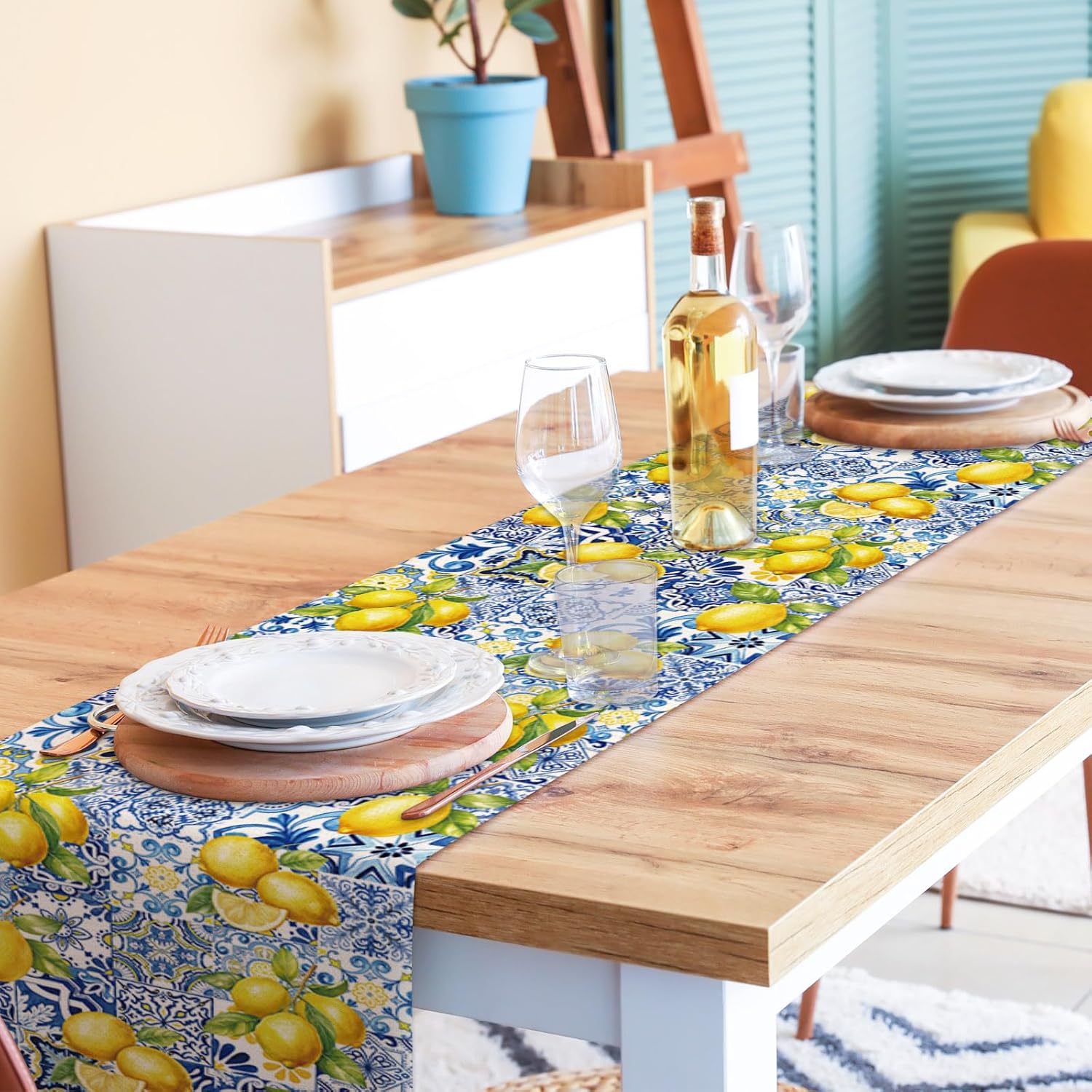 JarThenaAMCS Lemon Tiles Table Runner Blue Yellow Kitchen Dining Table Decoration Summer Table Cover for Home Kitchen Indoor Outdoor Patio Party Supplies, 13 x 72 Inch (Pack of 2)