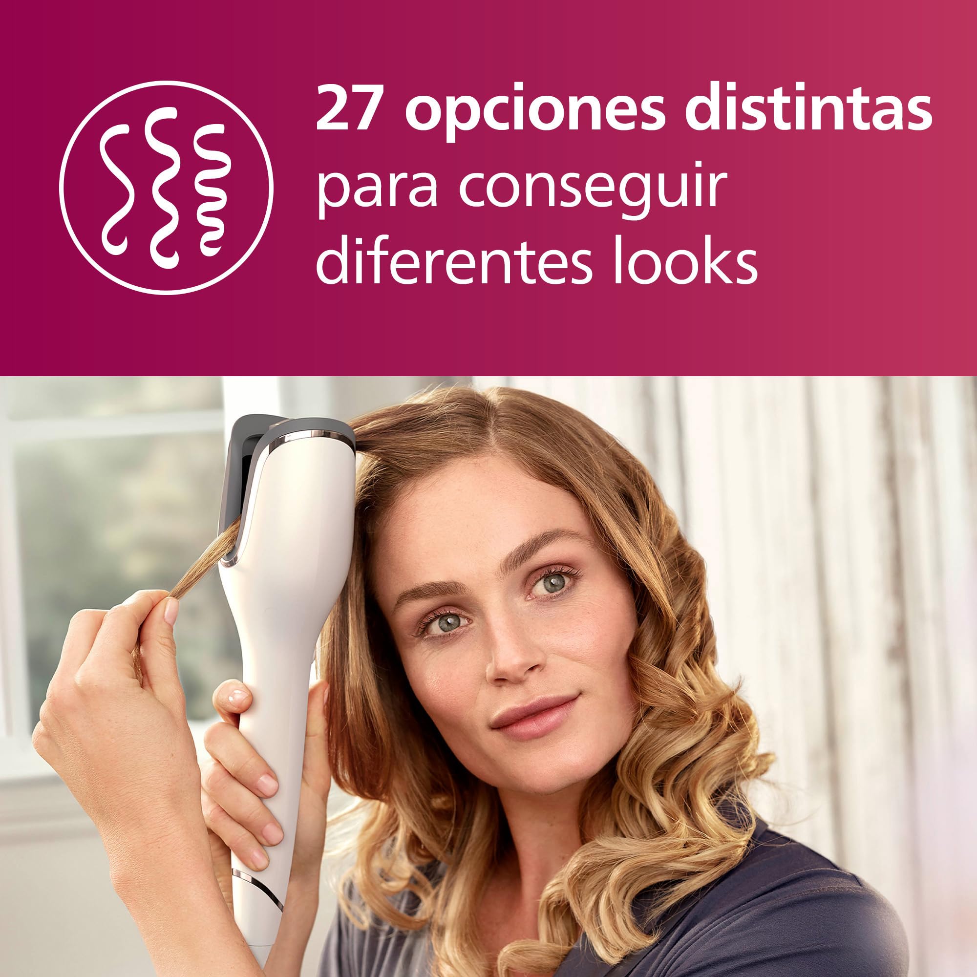 Philips Rizador de Pelo Automatico, con Tecnologia Moisture Protect, Iones, Placas Ceramicas con Keratina, 27 opciones de rizado, BHB878/00, Blanco