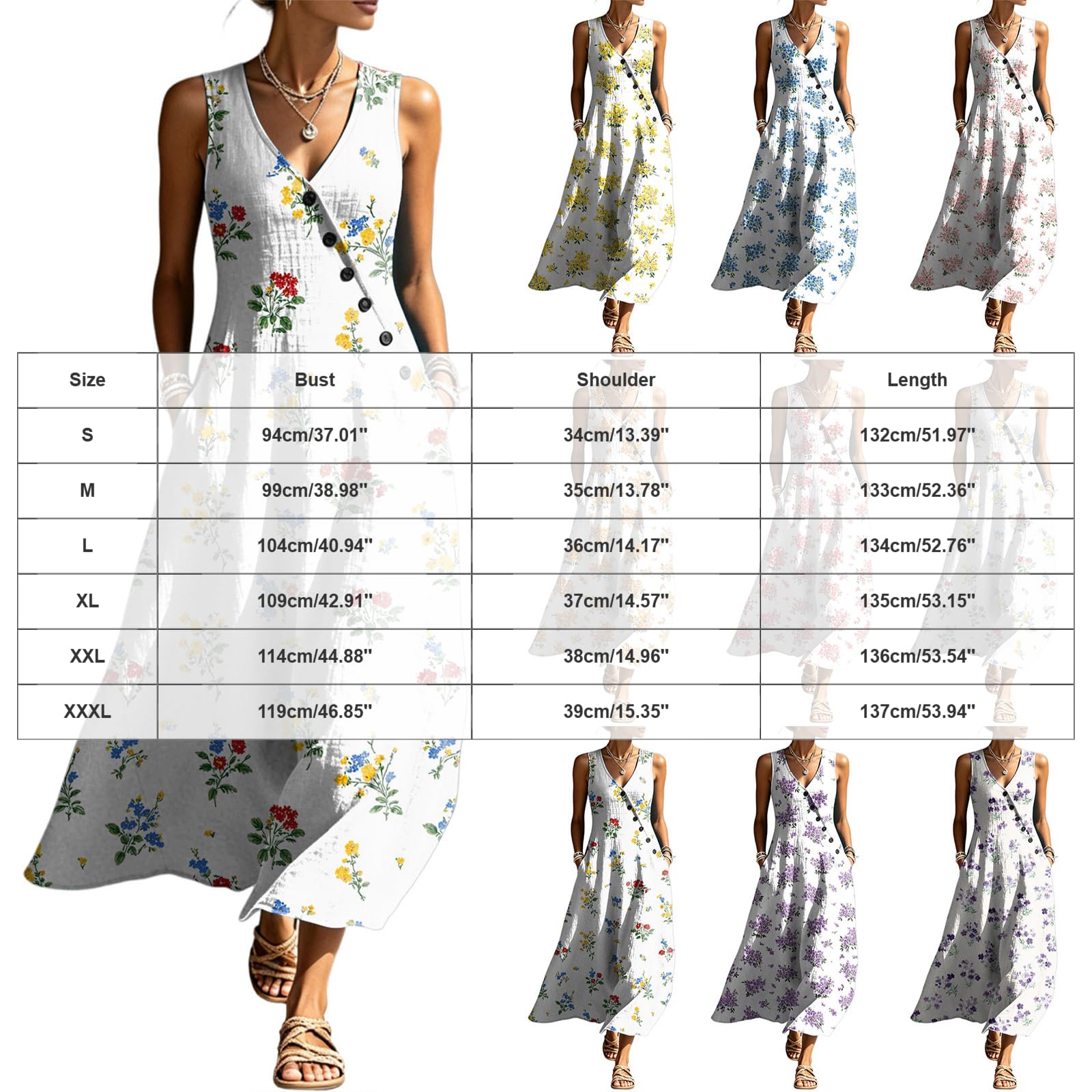 Abiti Estivi Donna Cotone Corti Abito Estivo da Donna Senza Maniche con Fantasia Floreale, Bottoni Asimmetrici e Scollo a V. Abito Estivo
