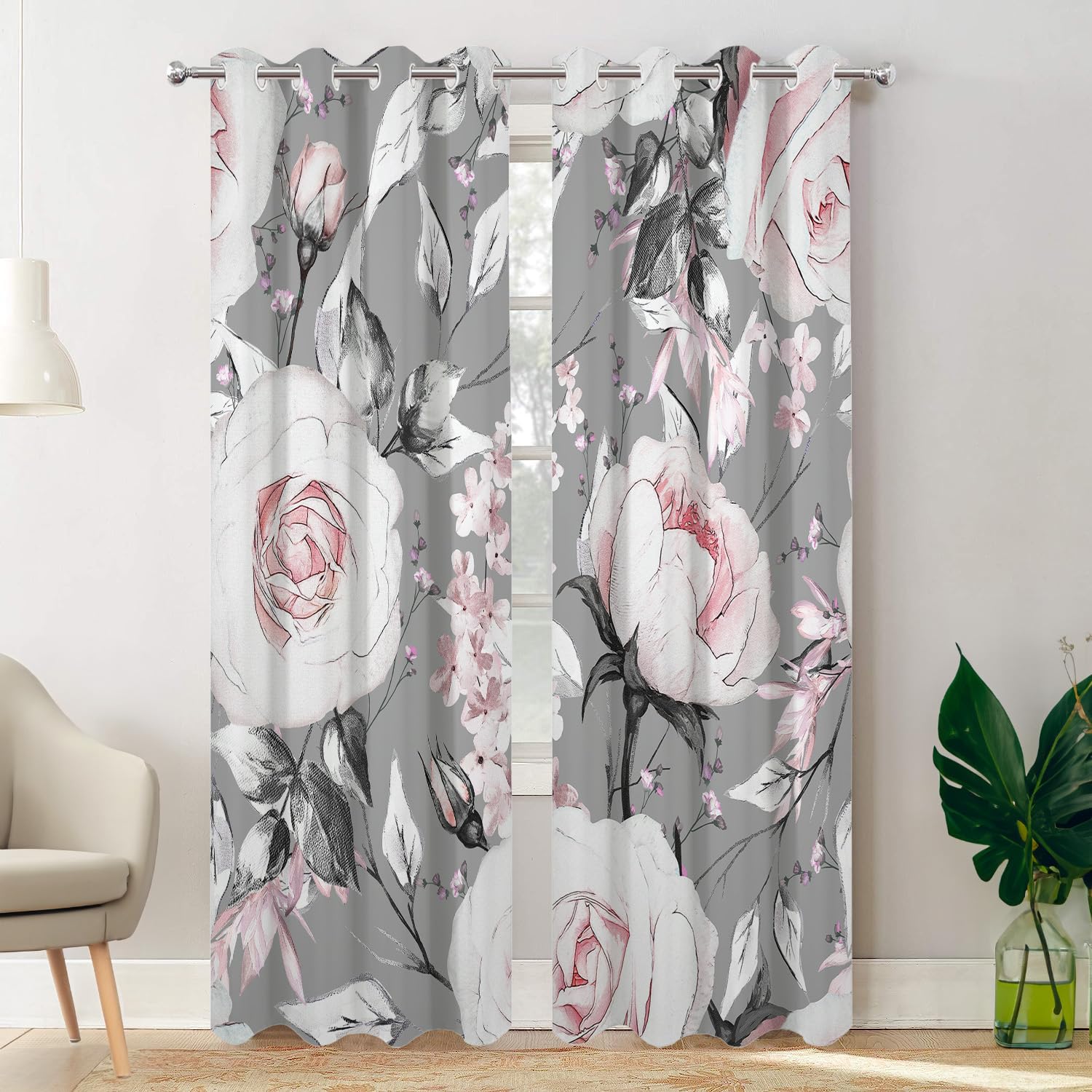 Batmerry Gray Oil Painting Blackout Curtains for Bedroom, Pink Rose Flowers and Leaves Floral Pattern Grommet Top Drapes Thermal Insulated Window Curtains, Set of 2 Panels, 52x84 inches — image 1