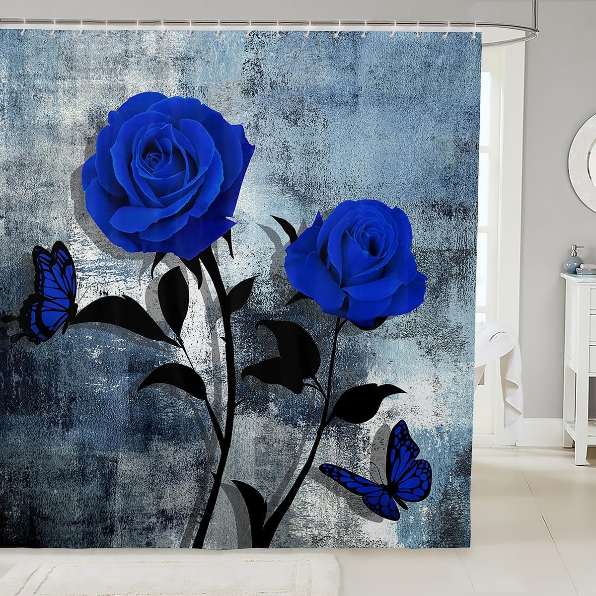 Romantic Rose Shower Curtain 72x84,Grunge Navy Blue Ombre Bath Curtain for Adult Room Decor,Vintage Watercolor Artwork Bathroom Curtain,Oil Painting Butterfly Floral Waterproof Shower Curtain