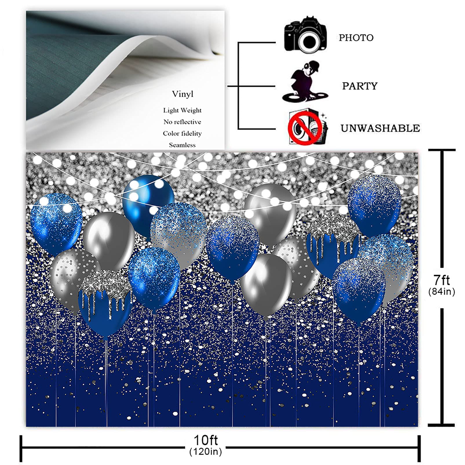 Avezano Royal Blue Glitter Backdrop for Birthday Wedding Prom Graduation Photography Background Party Glitter Blue Balloon Party Decorations Photoshoot Photobooth (10x7ft, Blue and Silver)