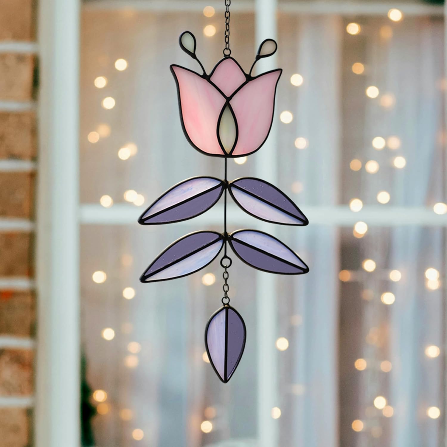 Pink Tulip Stained Glass Suncatcher, Folk Flower Stained Glass Window Hanging Sun Catcher, Healing Boho Decor, Handmade Flower Gifts for Indoor Window, 9.4" x 4.7" - Image 3