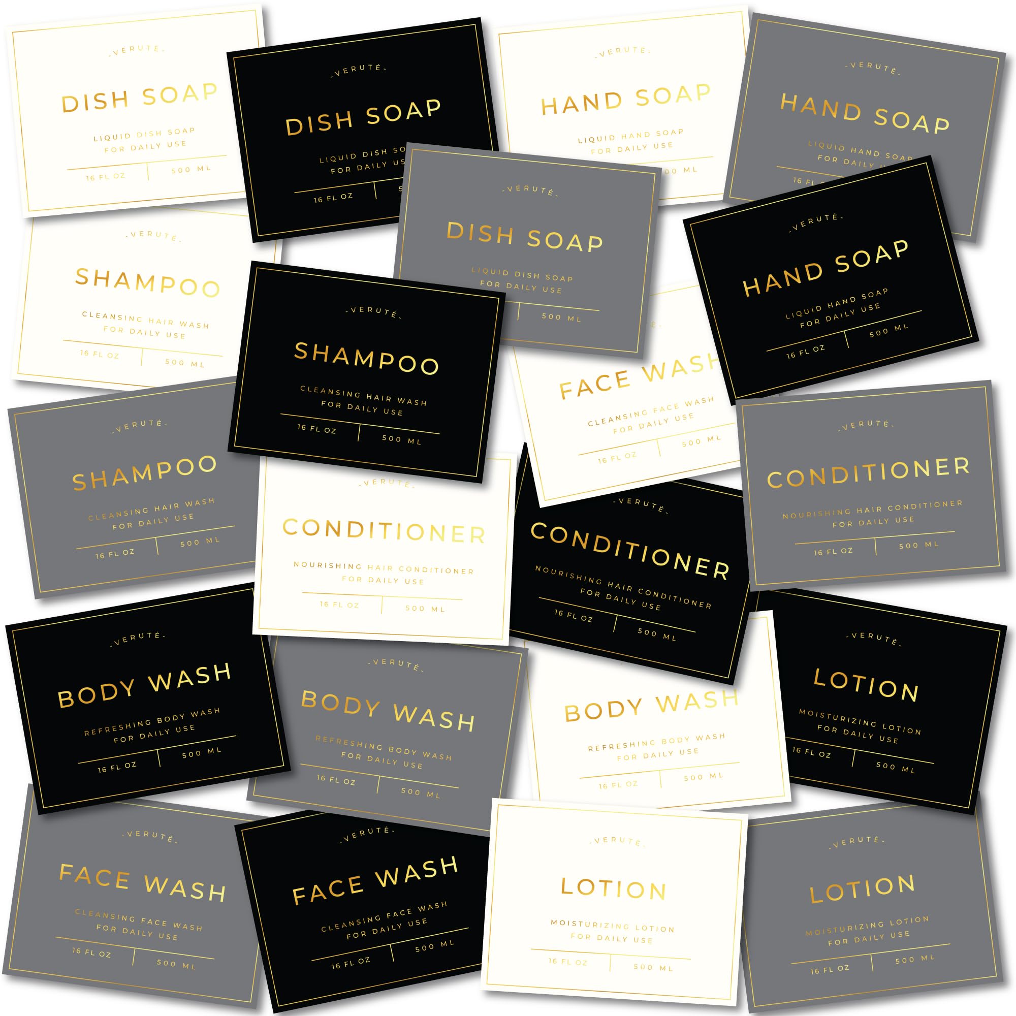 21 Waterproof Soap Dispenser Labels, Peel & Stick Plastic Decals for Amber Glass and Plastic Bottles, Kitchen, Bathroom & Shower Organiser Set, 8 x 6 cm (Gold Lettering Set)