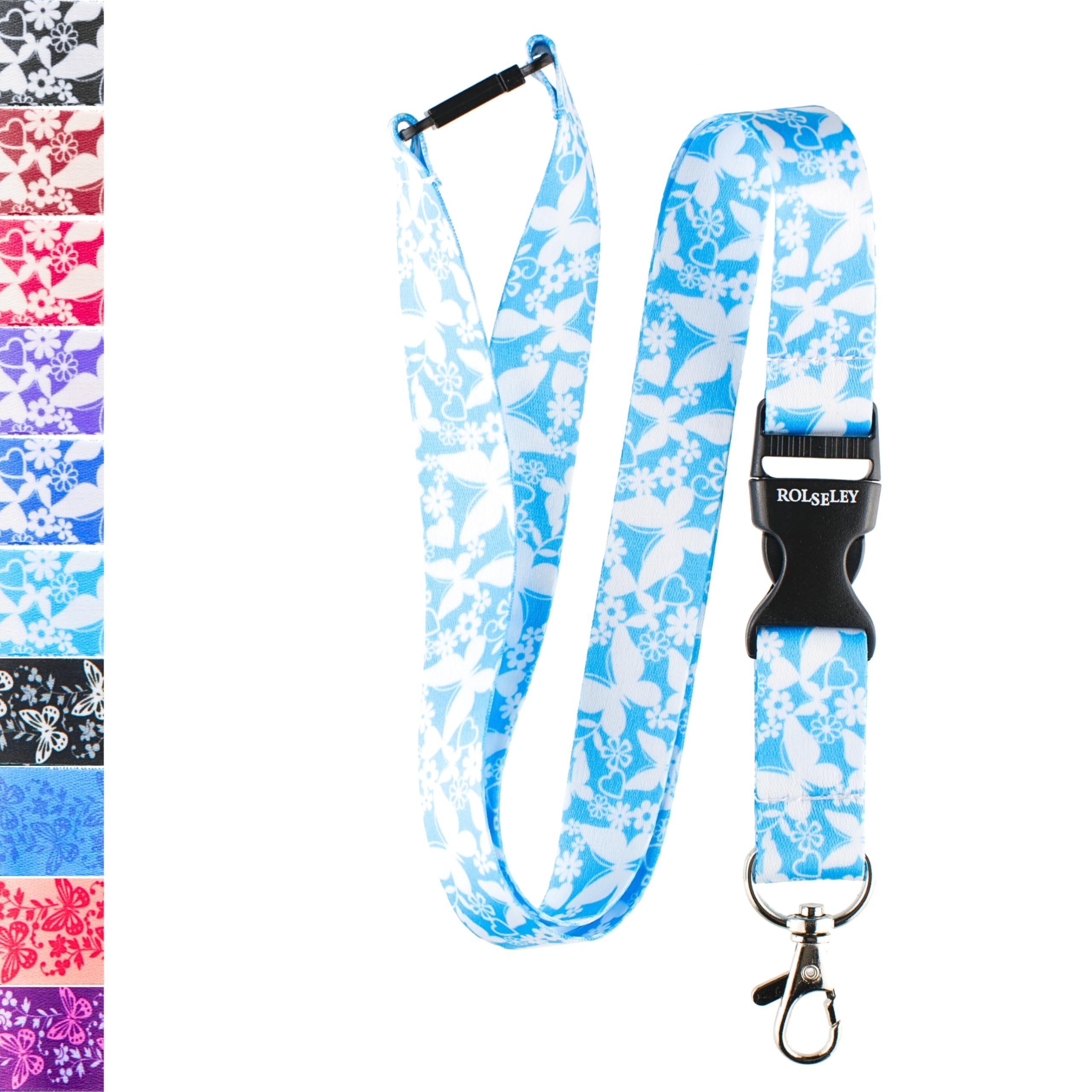 ROLSELEY Sky Blue Butterfly Pattern Lanyard Neck Strap With Buckle and Metal Clip for id badge holder