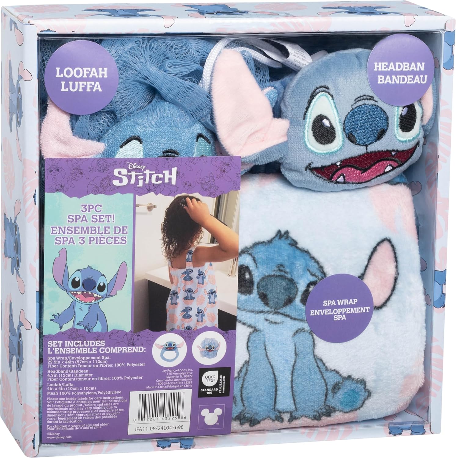 Jay Franco Disney Lilo and Stitch 3 Piece Spa & Bath Set - Includes Towel Wrap, Loofah & Spa Headband - Kids Bath & Shower Accessories