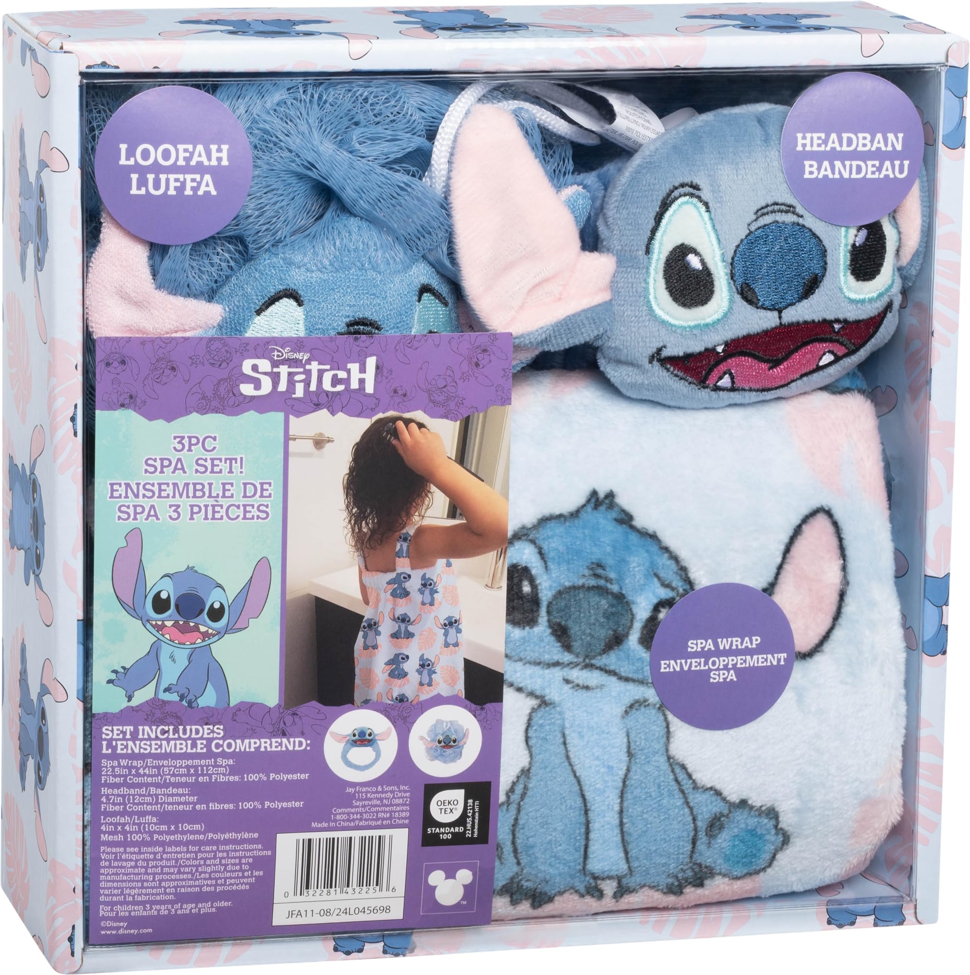 Disney Lilo and Stitch 3-teiliges Spa- und Badeset – inklusive Handtuchwickel, Luffa und Spa-Stirnband – Kinder-Bade- und Duschzubehör