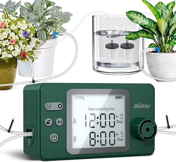Automatic Watering System Dual Pump for Indoor Plants, Built-in Rechargeable Battery, Two Independent Water Zones, Worry-Free Vacation Drip Irrigation Kit, Water-Saving Smart Plant Waterer, Green
