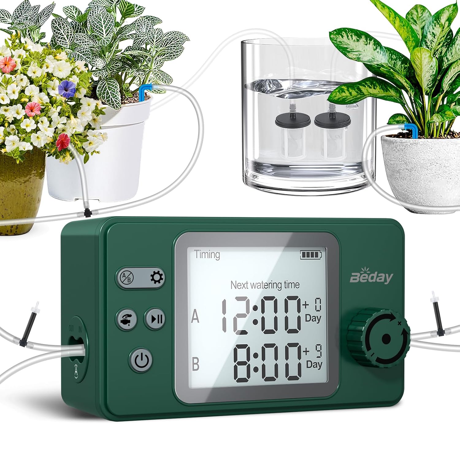 Automatic Watering System Dual Pump for Indoor Plants, Built-in Rechargeable Battery, Two Independent Water Zones, Worry-Free Vacation Drip Irrigation Kit, Water-Saving Smart Plant Waterer, Green