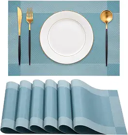 Jogo Americano 6 Peças, 30cm x 45cm Retangular, Antiderrapante, Resistente ao Calor, Lavável, Fácil de Limpar, Alta Durabilidade, PVC Mesa Posta Sousplat (Azul)