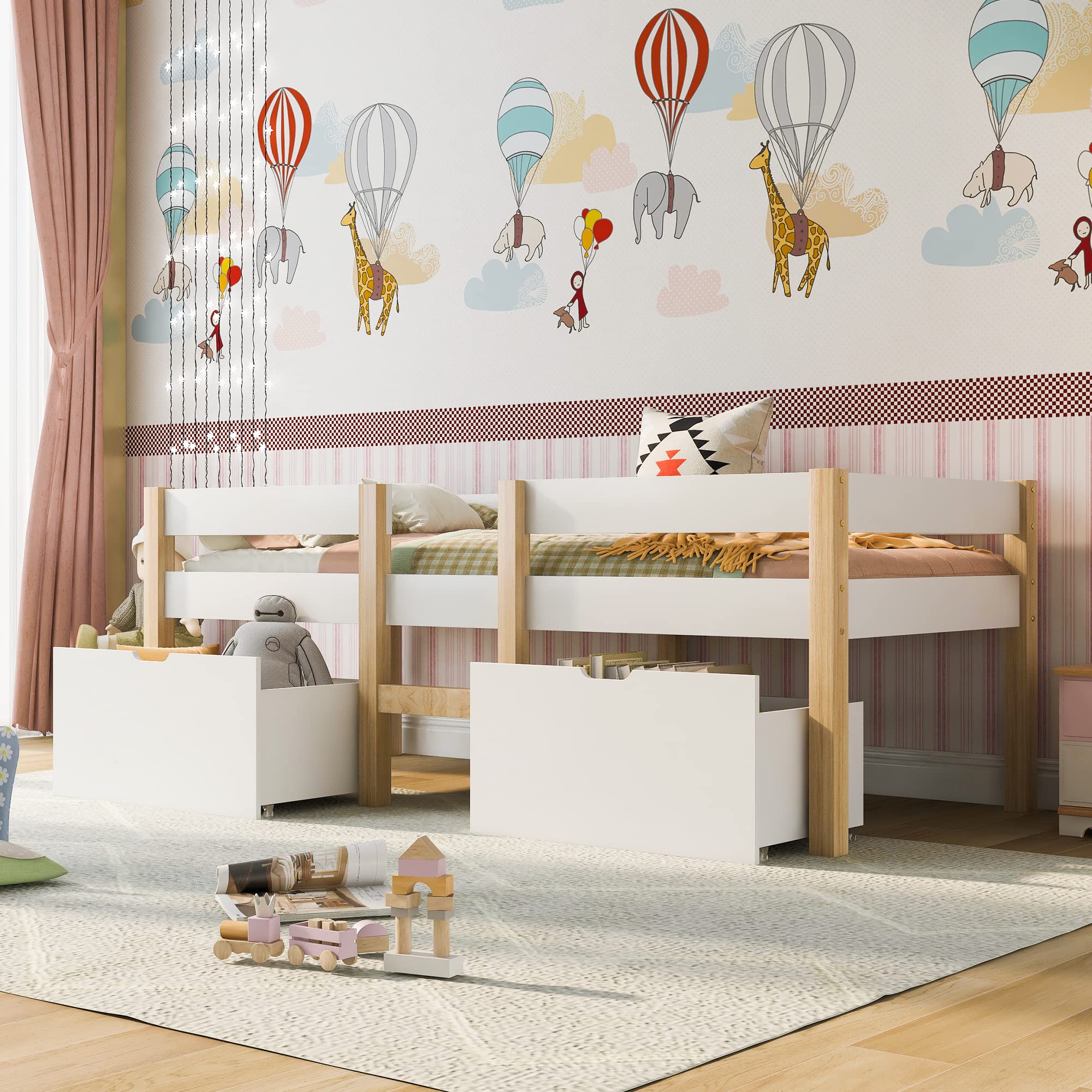 Cama infantil con cajón y protección anticaídas, madera de pino blanco y roble (con cajón, 90 x 190 cm)