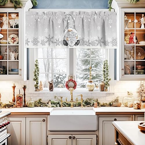 Miniatura 2 de Kitchen Valance Curtains for Living Room, Christmas Gnome Snowflake Snow Grey Rod Pocket Window Treatment Valance for Bedroom Home Decor Washable