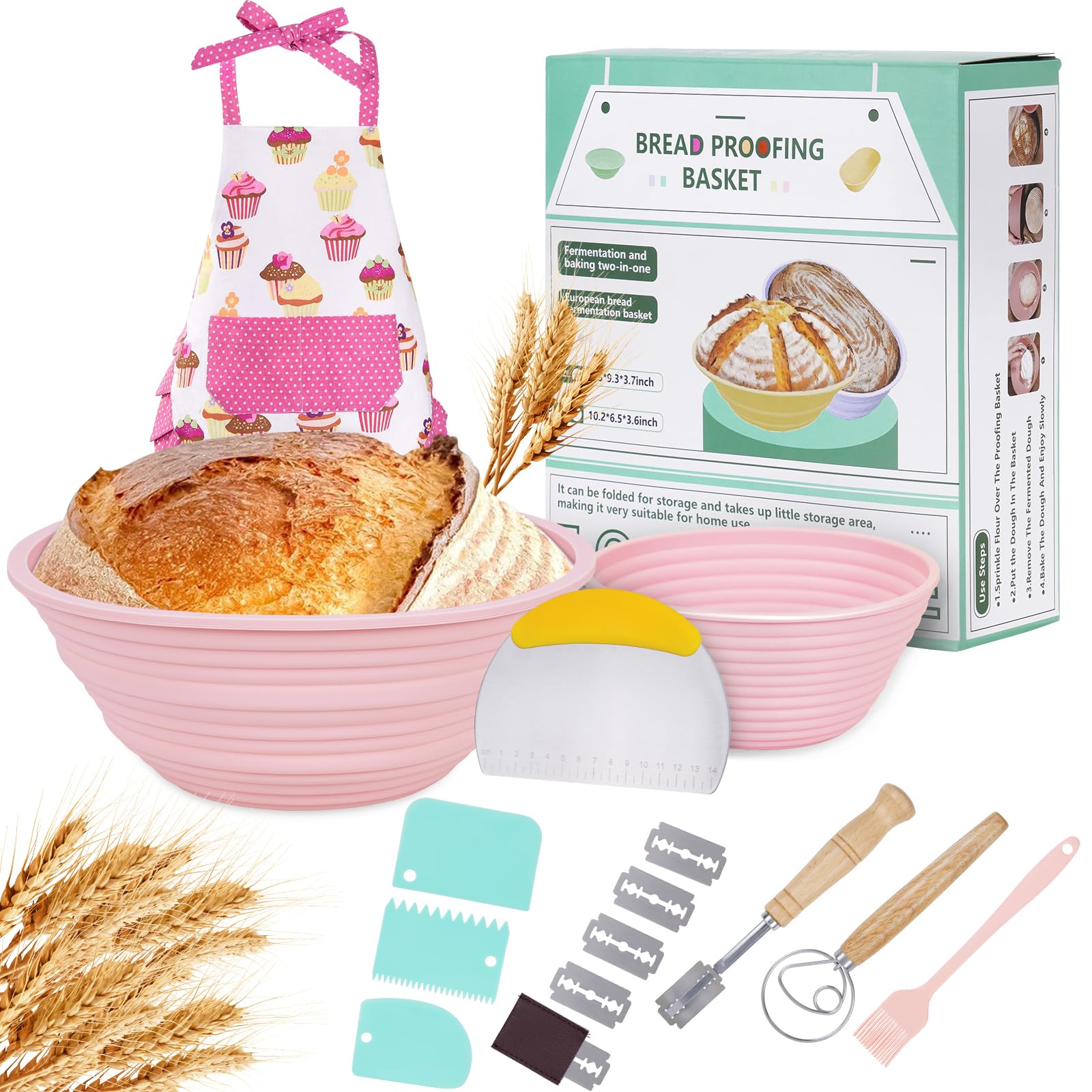 LikiyolBanneton Bread Proofing Basket, Silicone Sourdough Bread Baking Supplies, 9" Round & 10" Oval Sourdough Starter Kit, Foldable Proofing Bowls for Sourdough Bread Making Tools, Pink