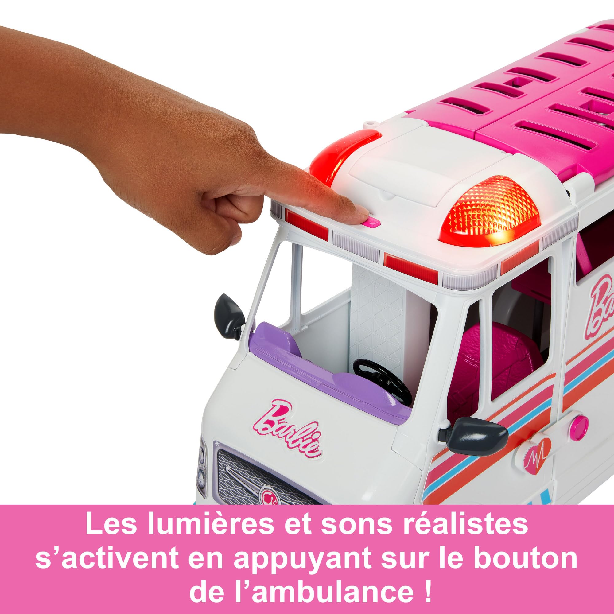 Barbie Coffret Véhicule Médical, Ambulance Transformable en Clinique, avec Lumières et Sons, Plus de 20 Accessoires Inclus, Jouet pour Enfant de 3 Ans et Plus, HKT79
