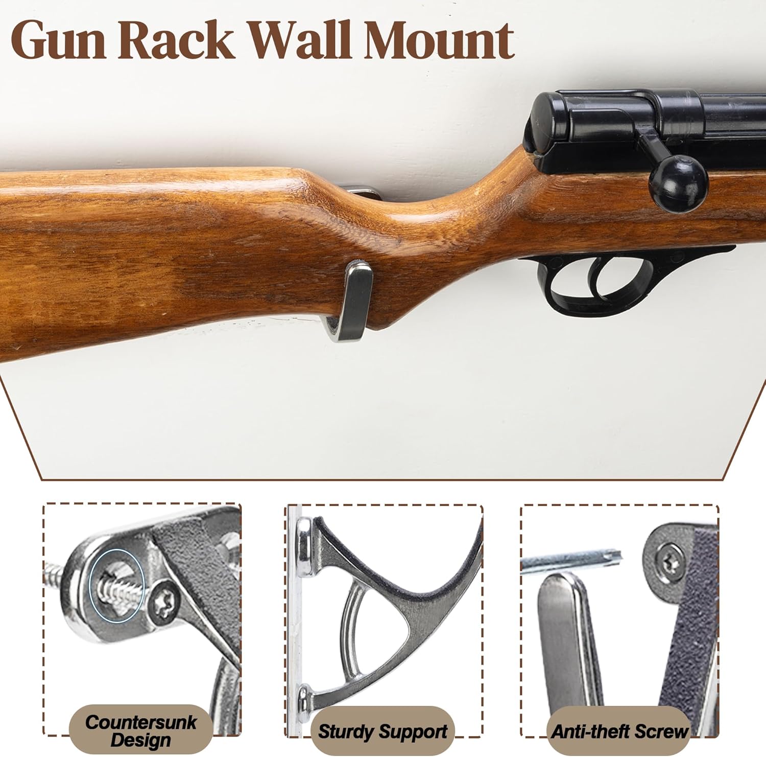 Gun Rack Wall Mount Horizontal Gun Display Wall Mount, Heavy Duty Gun Hooks for Rifle/Shotgun/Pistol Storage, Gun Hanger with Felt Padding, Silver, 2 Pair