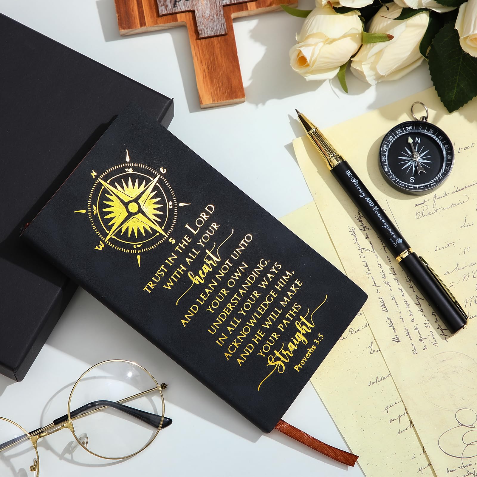 Fuyoooo 4 Pcs Christian Graduation Gifts Baptism Gift for Men Bible Journal Religious Engraved Compass Bible Pen for First Communion Father's Day