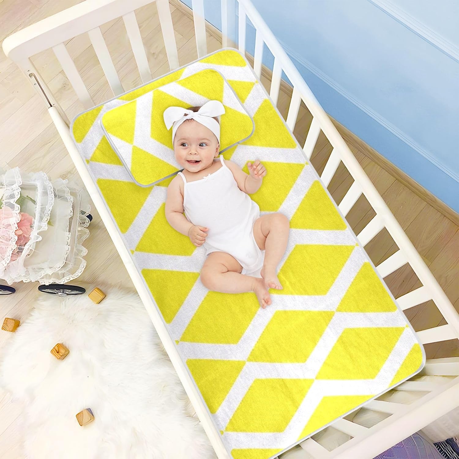 Cooling Baby Fitted Mattress 28" x 52"Breathable Crib Bumper Pads for Kids, Adult Trendy Yellow Rhombus Plaid Crystal