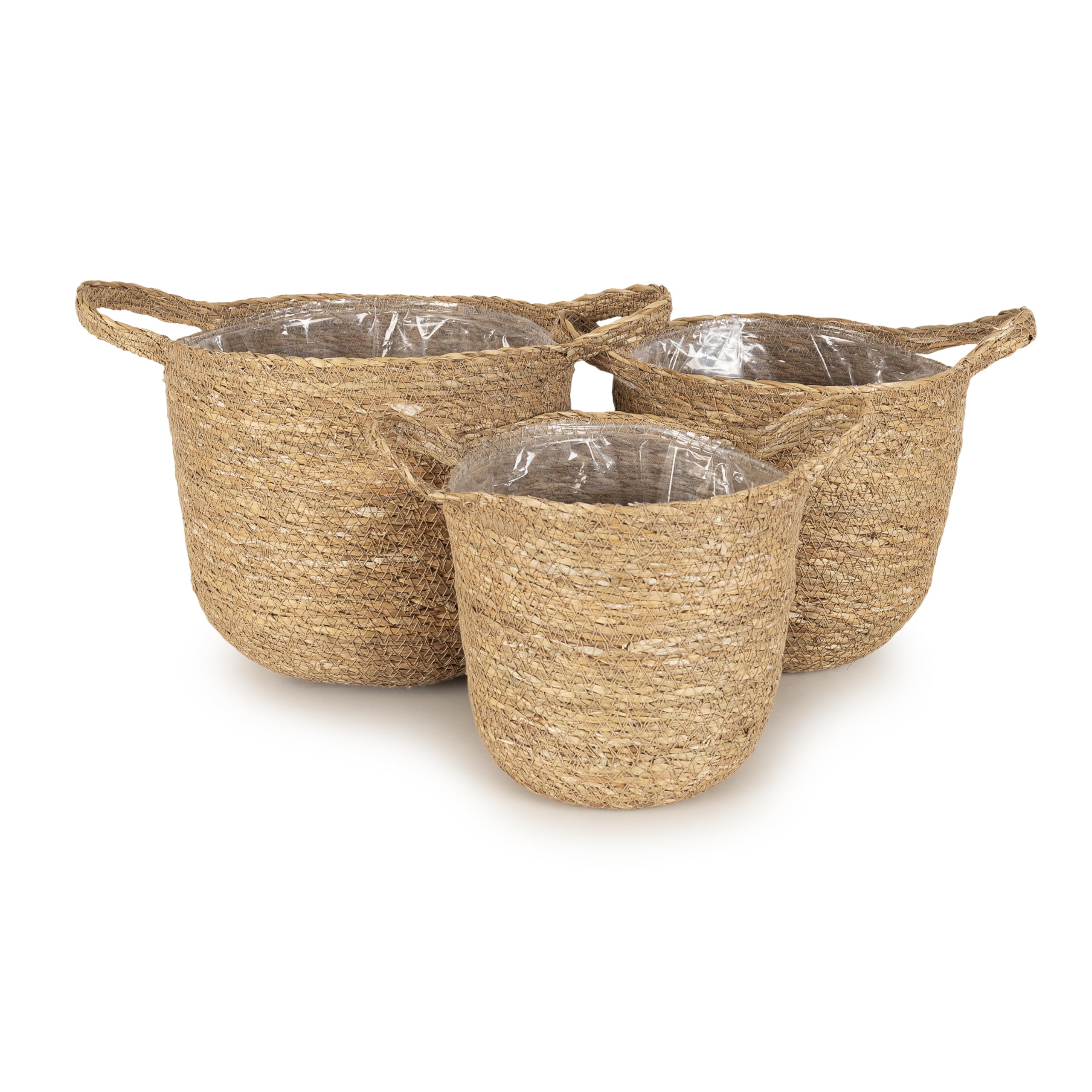 Olly & Rose Set 3 Planter Baskets Premium Indoor Plant Pots Set - Natural Woven Seagrass Baskets with Liner for Small and Medium Plants Flower Pot Planters Indoors
