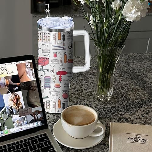Vista 6 de Vaso de 40 onzas con asa para estilista para estilista, para mujer, taza aislada de acero inoxidable, botella de agua para peluquería, cosmetología