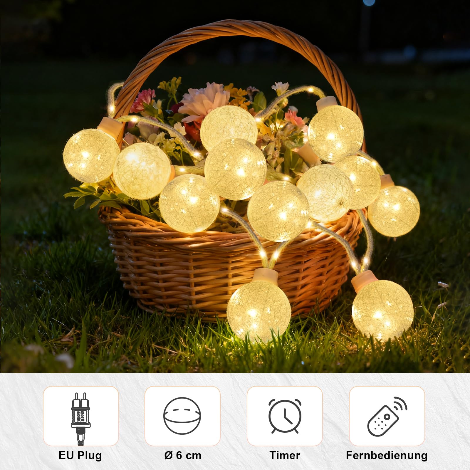Guirlande lumineuse d'extérieur/d'intérieur avec prise, 8 m, 16 ampoules, 8 modes, intensité réglable, guirlande lumineuse à ampoules LED sphériques avec télécommande et minuterie, guirlande lumineuse