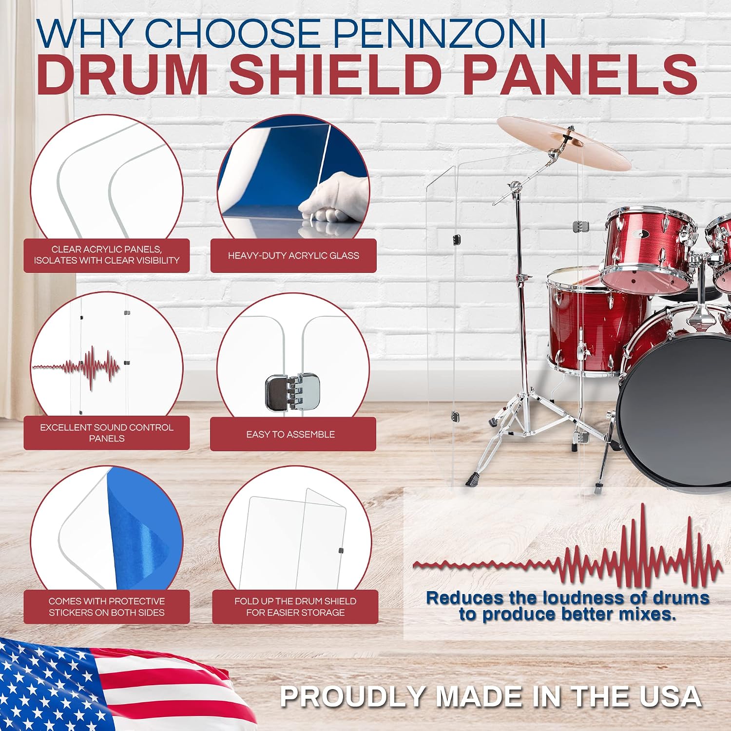 PENNZONI 5ft Drum Shield w/Chrome Hinges, Comes w/ 5 Drum Panels, & Chrome Hinges, Premium Clear Acrylic Panels, Drum Screen