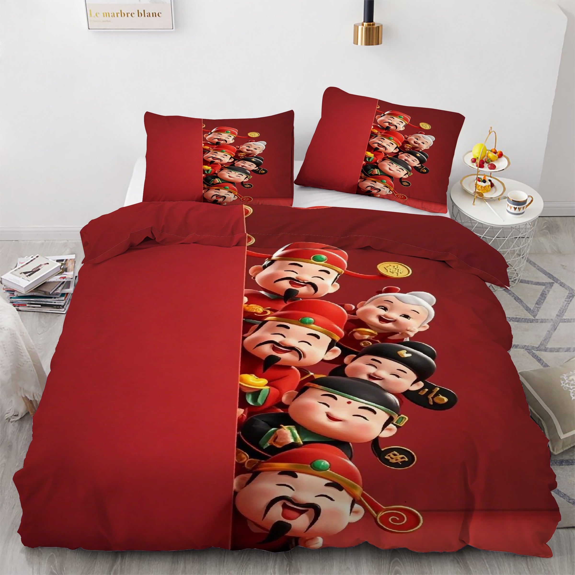 Dieu De La Richesse parure de lit 240 x 260 cm avec housse de couette rouge et 2 taies d'oreiller