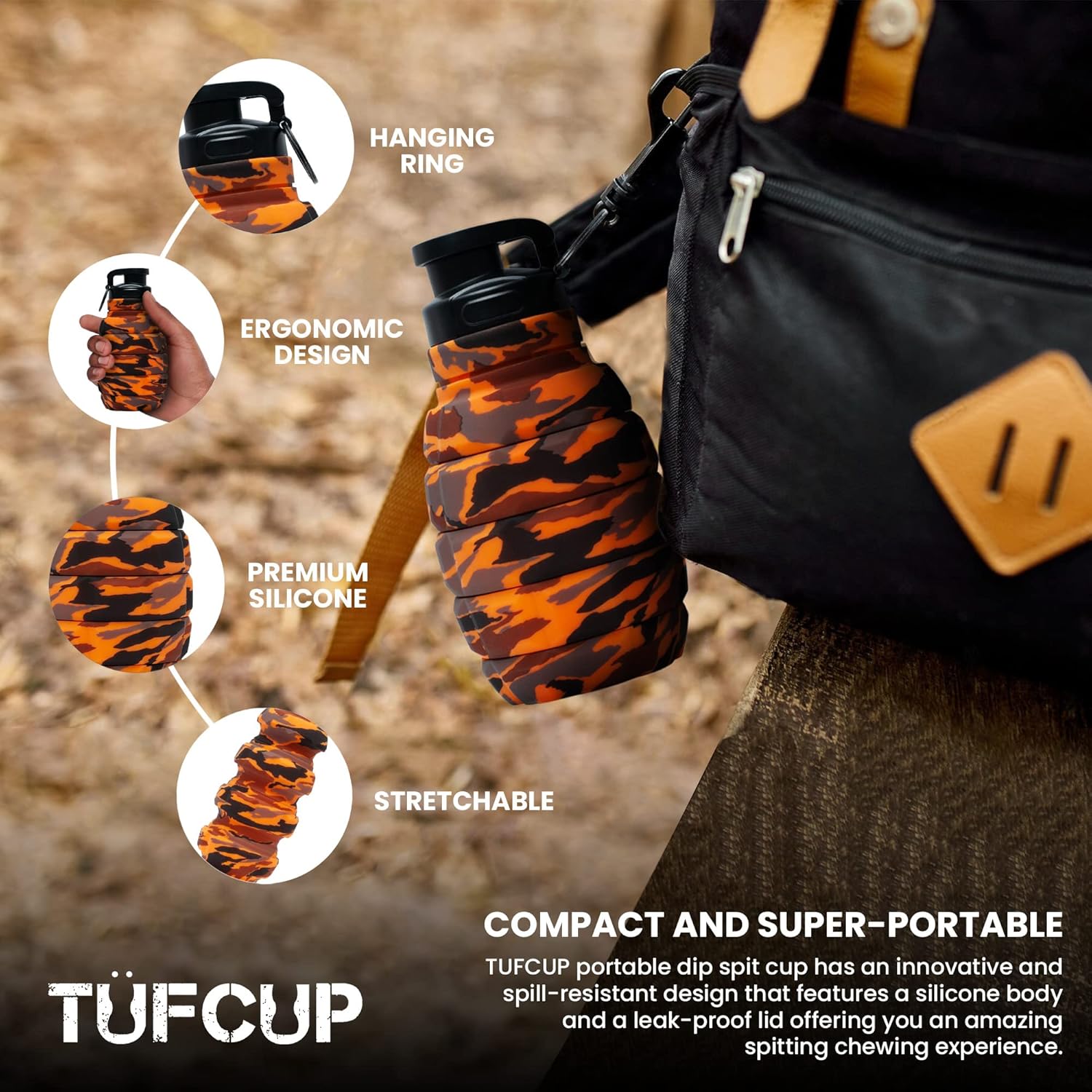Spit Cup Spittoon for Chewing, Portable Reusable Spit Dipping Cup with Lid, Collapsible Spill Resistant Leak Proof Silicone Body Travel Spitter