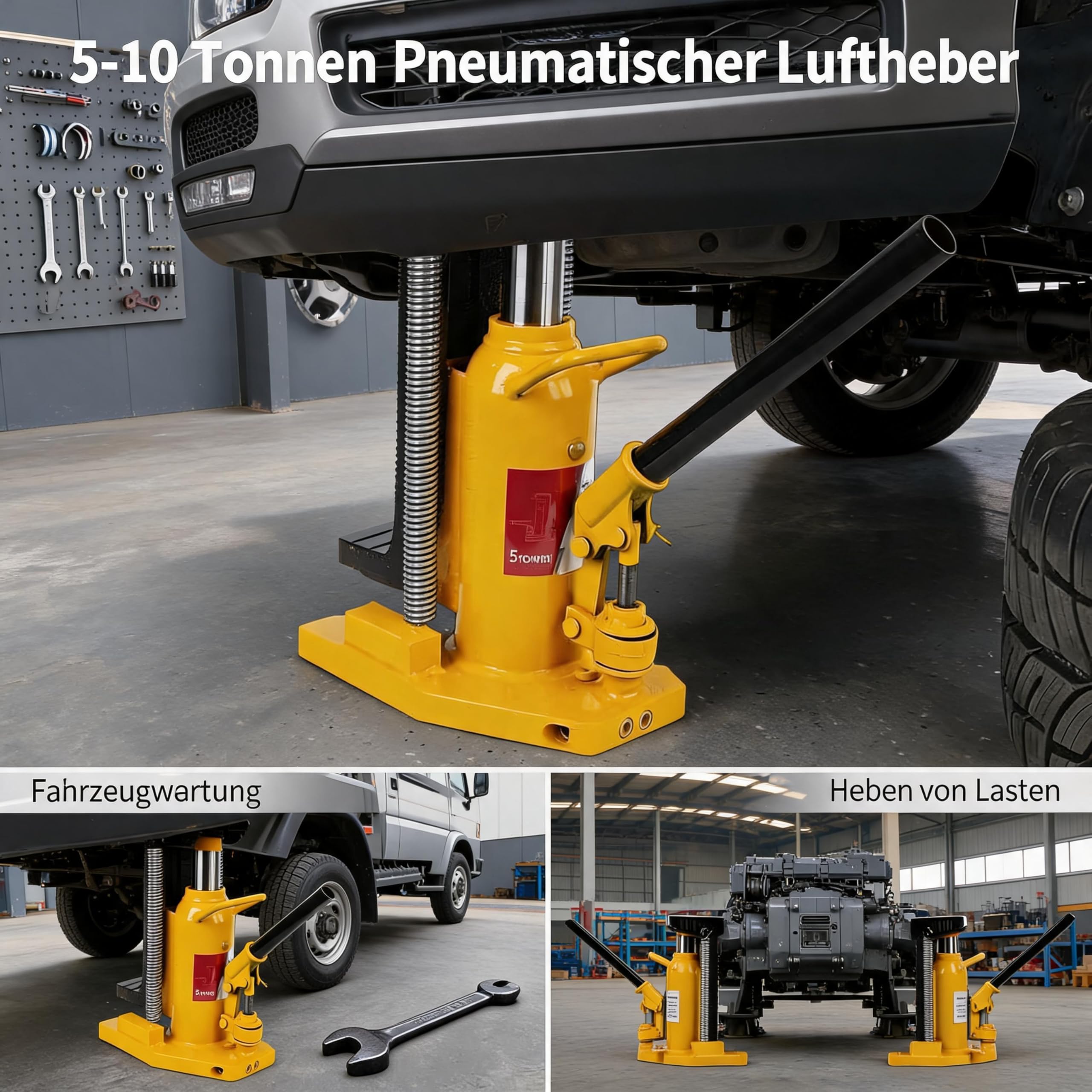 Maschinenheber 10T, Luft-Hydraulischer Maschinenheber mit Zehe und Handpumpe, Schwerlast Zehenheber aus Stahl, niedrige Bauhöhe für Maschinen, Industrieanlagen, Fahrzeugreparatur, Bauarbeiten