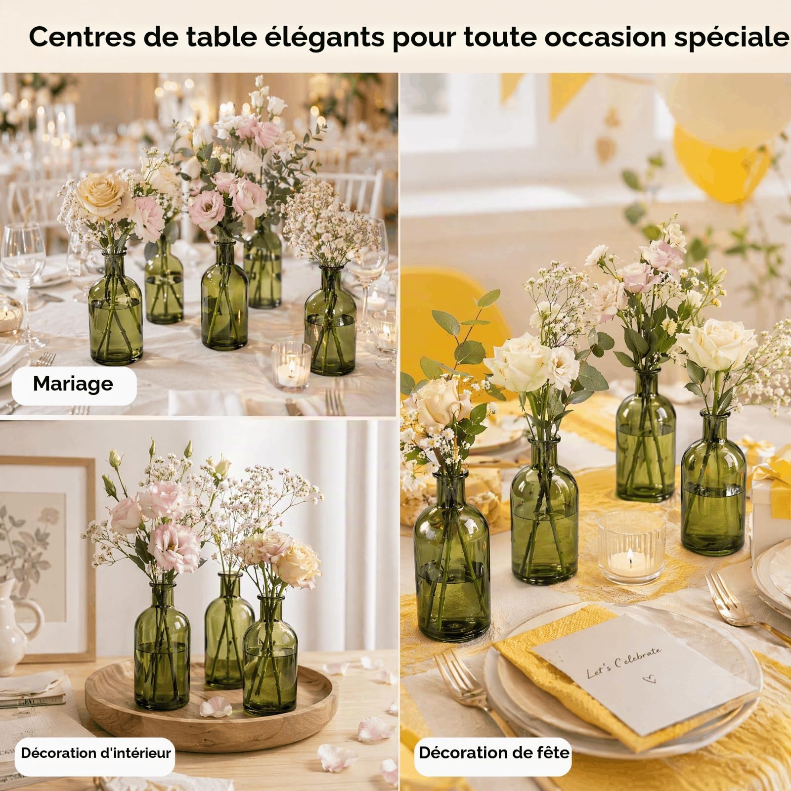 YOUEON Lot de 16 Petits vases décoratifs en Verre Vert de 250 ML pour Centre de Table de Mariage, réception, décoration d'intérieur, Bureau