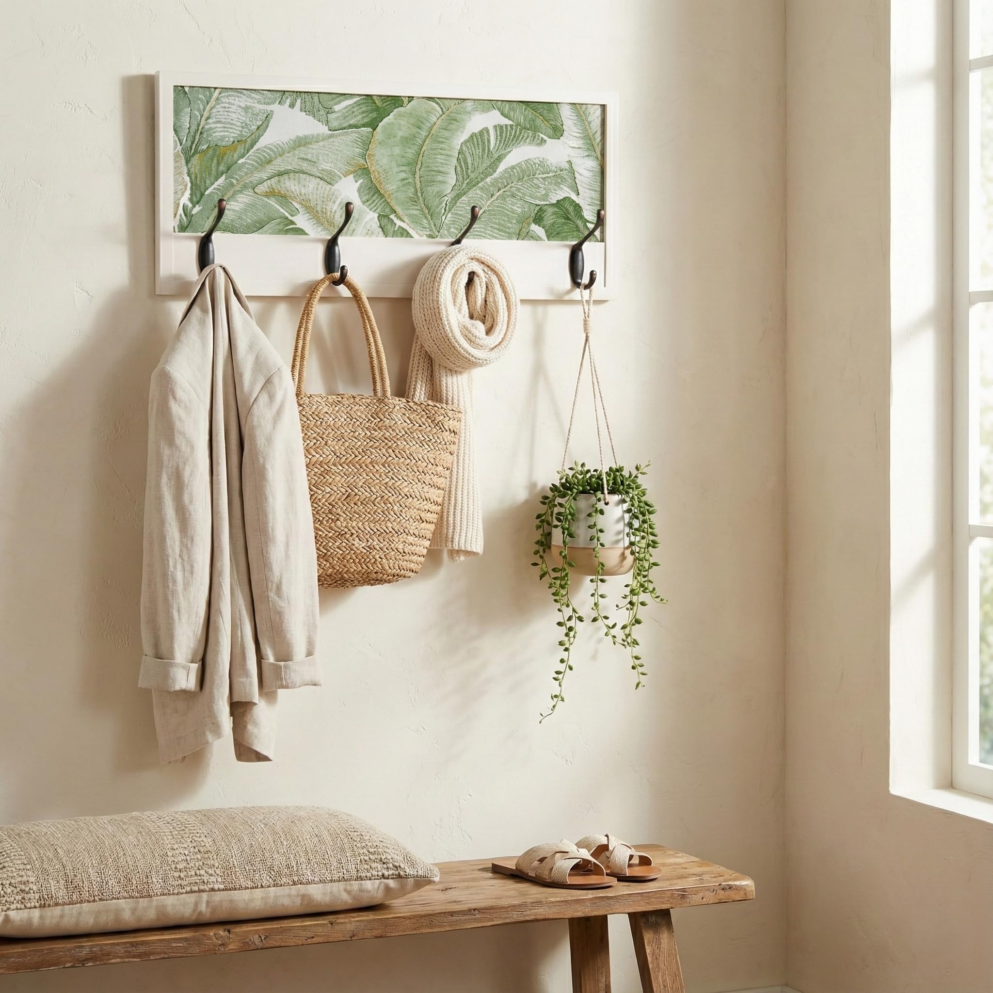 Drewniany wieszak ścienny | Styl Nature Chic | Ręcznie wykonany w Hiszpanii | 52 x 25 cm z 4 haczykami | Funkcjonalny dekoracyjny projekt do wejścia, salonu, biura itp.