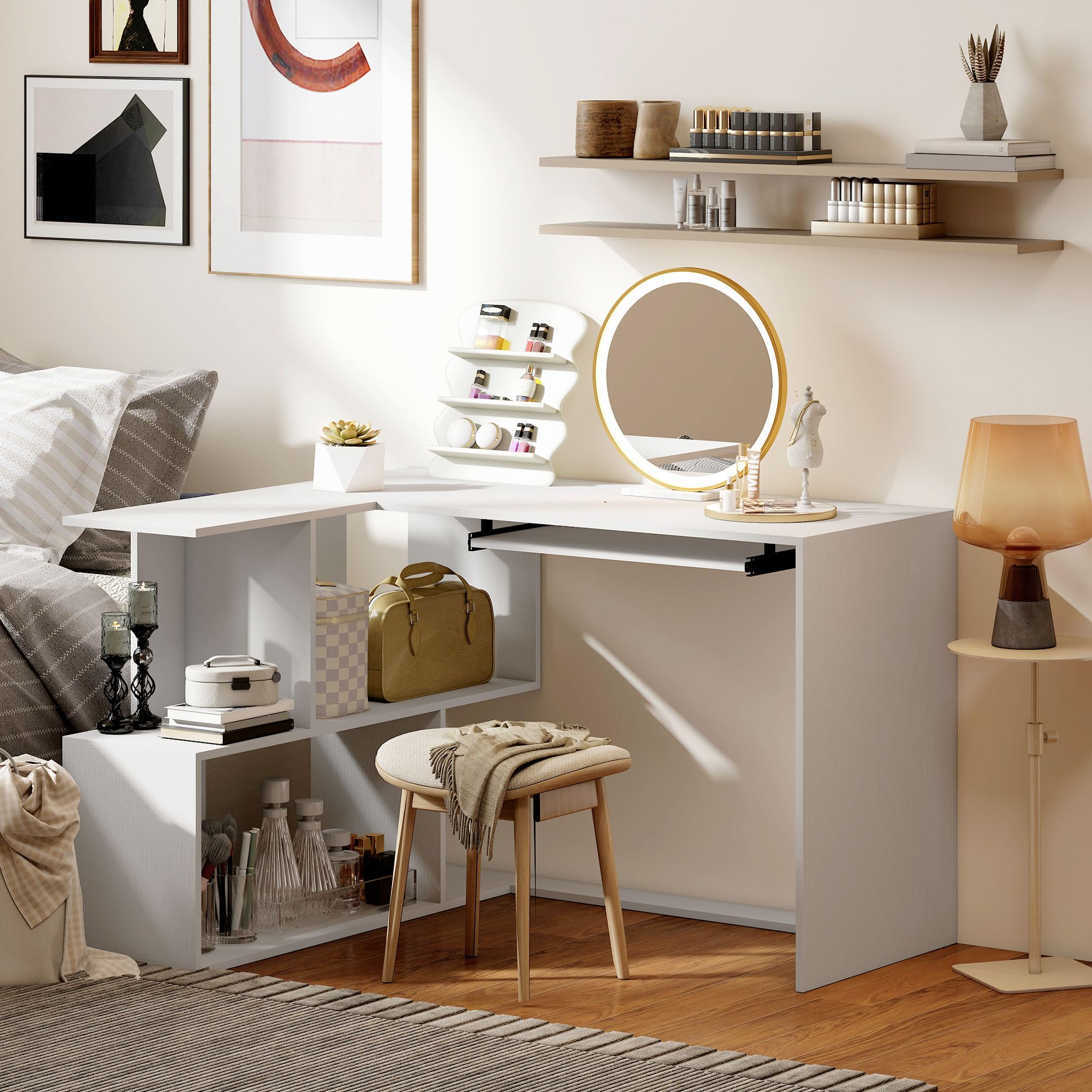 HOMCOM Scrivania Angolare, 120x100cm Scrivania ad Angolo con Ripiano Scorrevole per Tastiera e 4 Ripiani Portaoggetti, Tavolo Salvaspazio ad L per Computer, Ufficio, Studio, Camera da Letto, Bianco