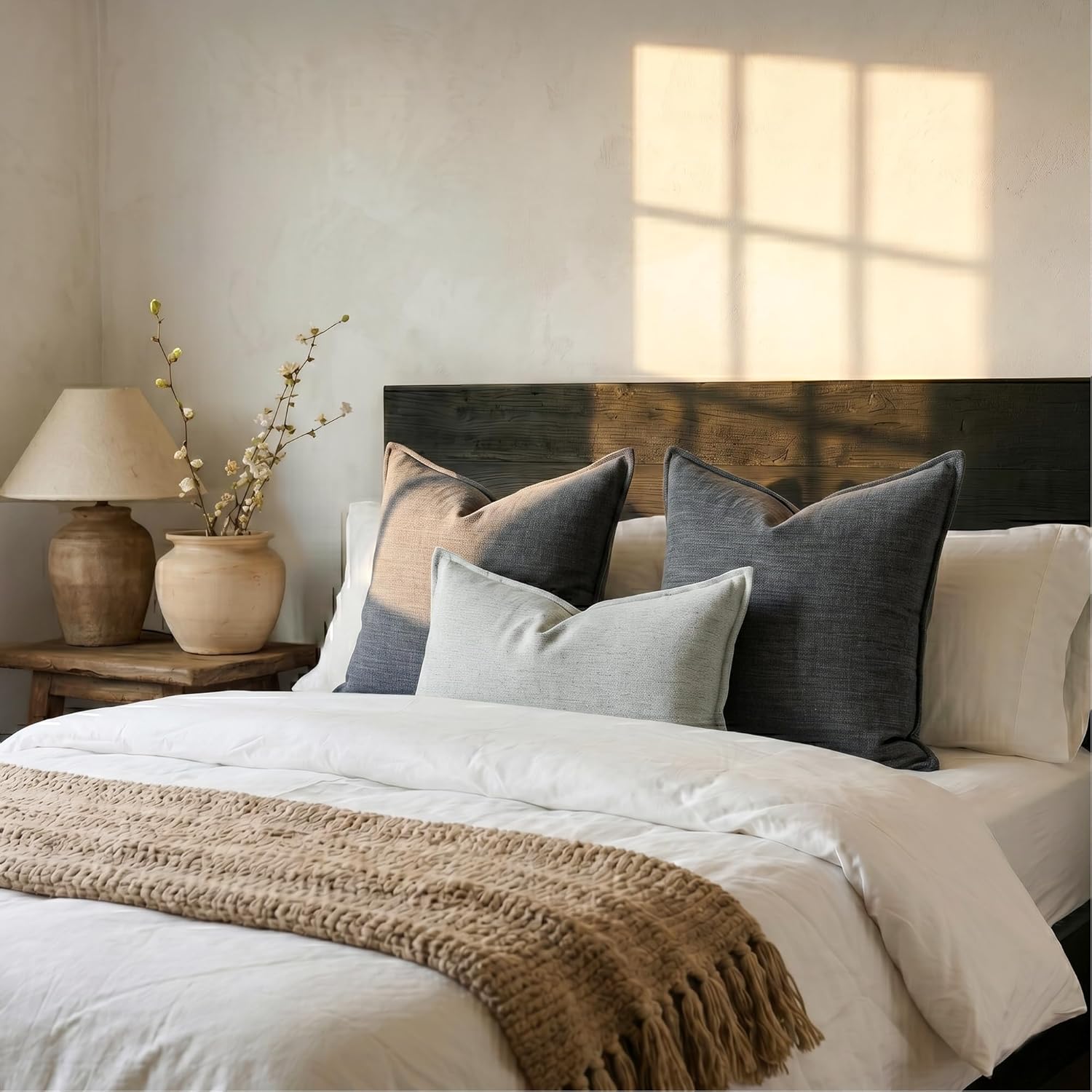 Chenille Linen Throw Pillow Covers 24x24 Set of 2, Thick Textured Boho Pillow Covers, Farmhouse Decorative Pillow Covers, Neutral Vintage Accent Covers for Couch Sofa Bed, Grayish Black