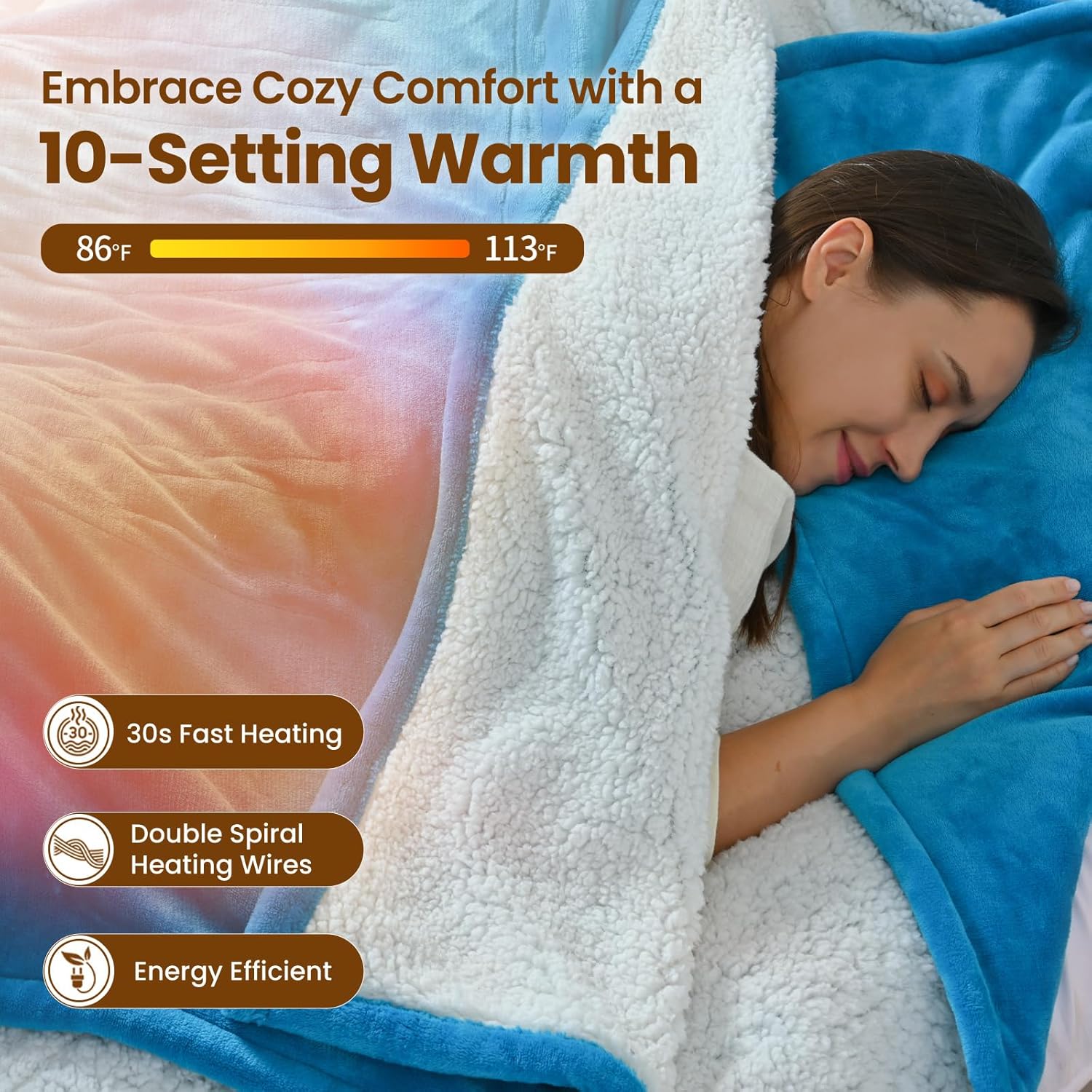 Bearhug Electric Blanket Full Size 77" × 84", Teal - Velvet & Sherpa Heated Blanket, 10 Heating Levels & 0.5-12H Auto Off, Over-Heat Protect, ETL Certification, Machine Washable