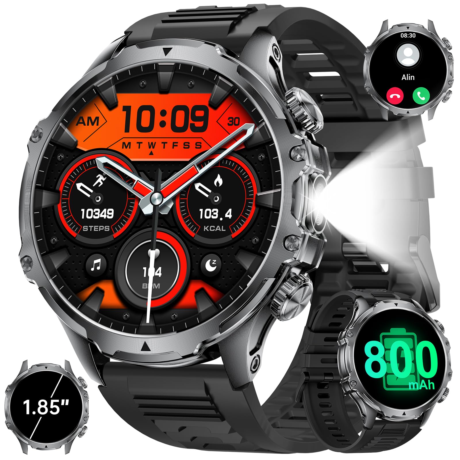 SUNKTA Orologio da uomo militare con batteria 800 mAh, torcia elettrica da 1,85" grande schermo, 107 modalità sportive, impermeabile IP68 frequenza cardiaca/SpO2/sonno Smartwatch per Android iOS