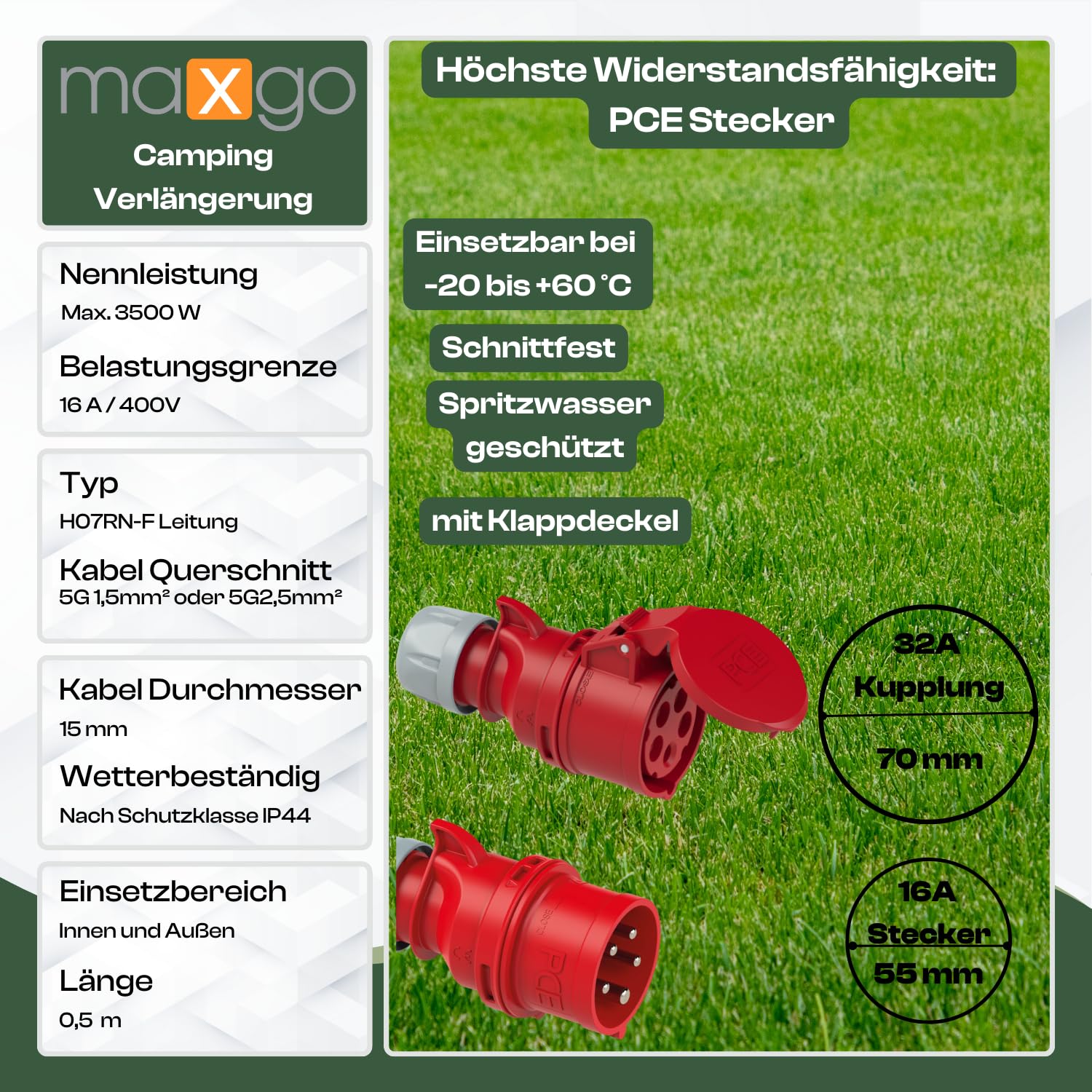 maxgo CEE Adapterleitung Starkstromkabel Adapterkabel Anschlusskabel H07RN-F 5X1,5mm² Stecker 16A auf 32A Kupplung 400V PCE Außenbereich Gummischlauchleitung 0,5m