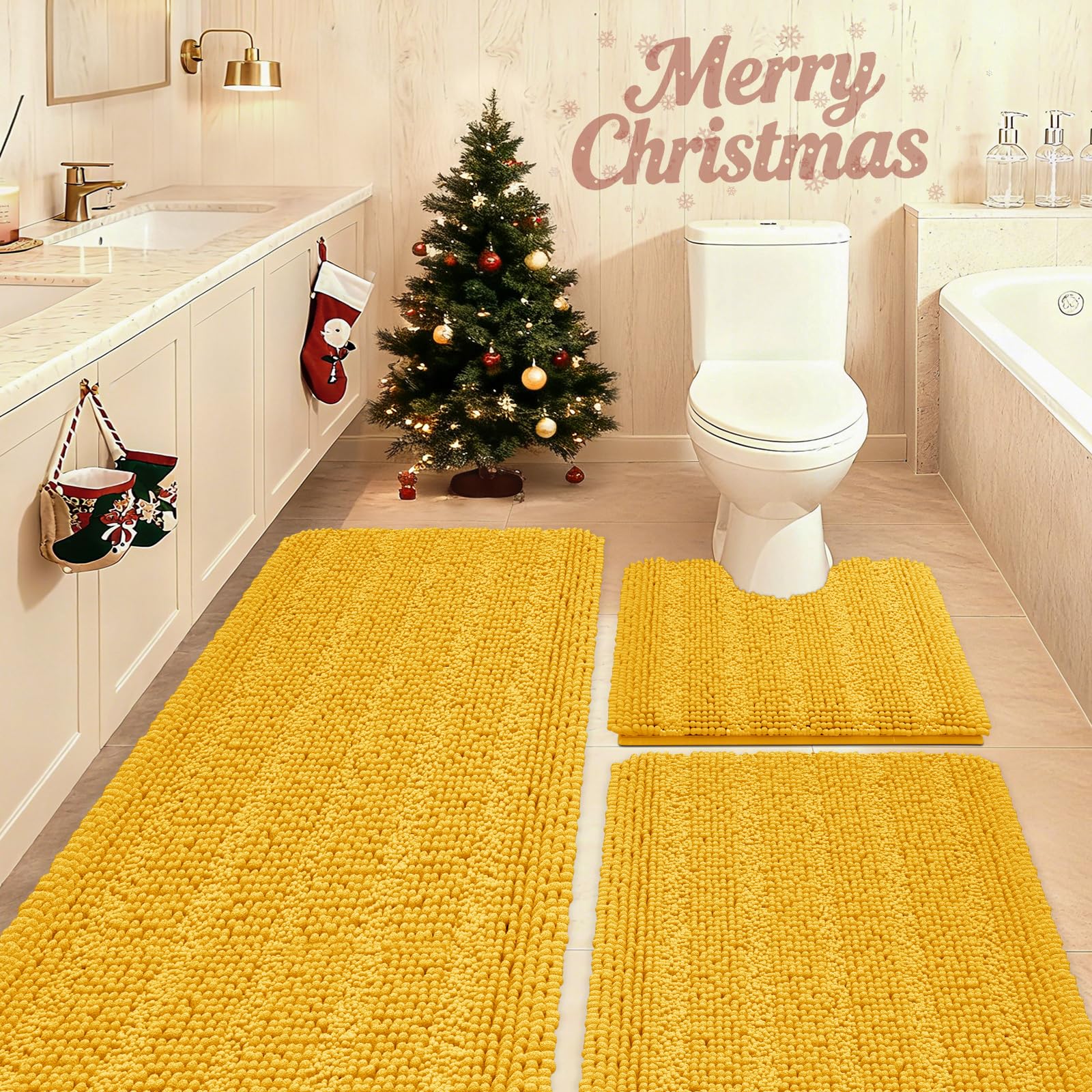 ACCUMTEK Striped Yellow Bathroom Rug Set 3 Pieces Ultra Soft, Non Slip Chenille Toilet Mat, Absorbent Plush Shaggy Bath Mats for Bathroom, Bedroom, Kitchen