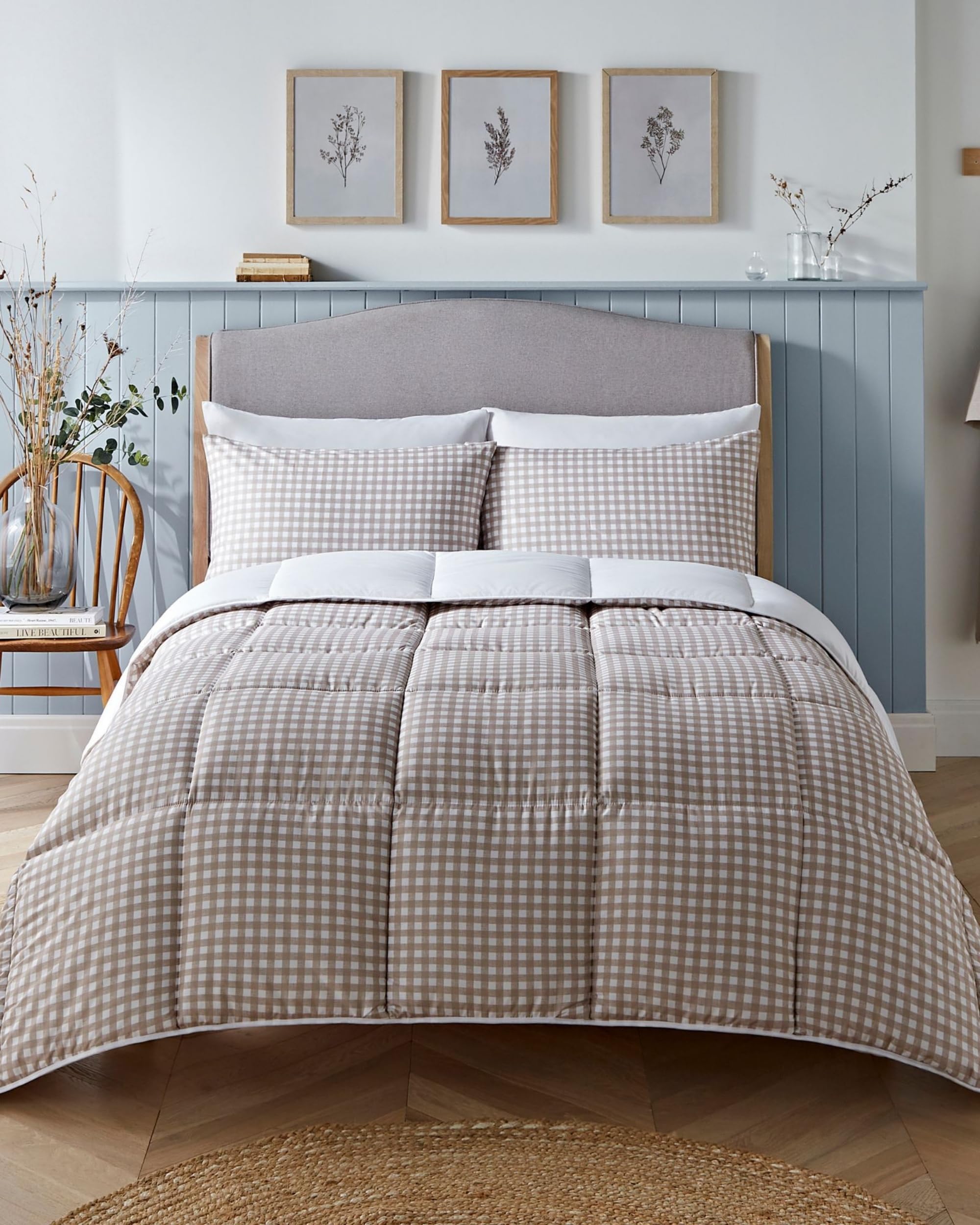 Night Lark Coverless Duvet and Pillowcase Set, Gingham Collection – Coverless Duvet Double 4.5 Tog with Advanced Smartfil® Fibre, Machine Washable, Hypoallergenic – Taupe, Double Bed Size