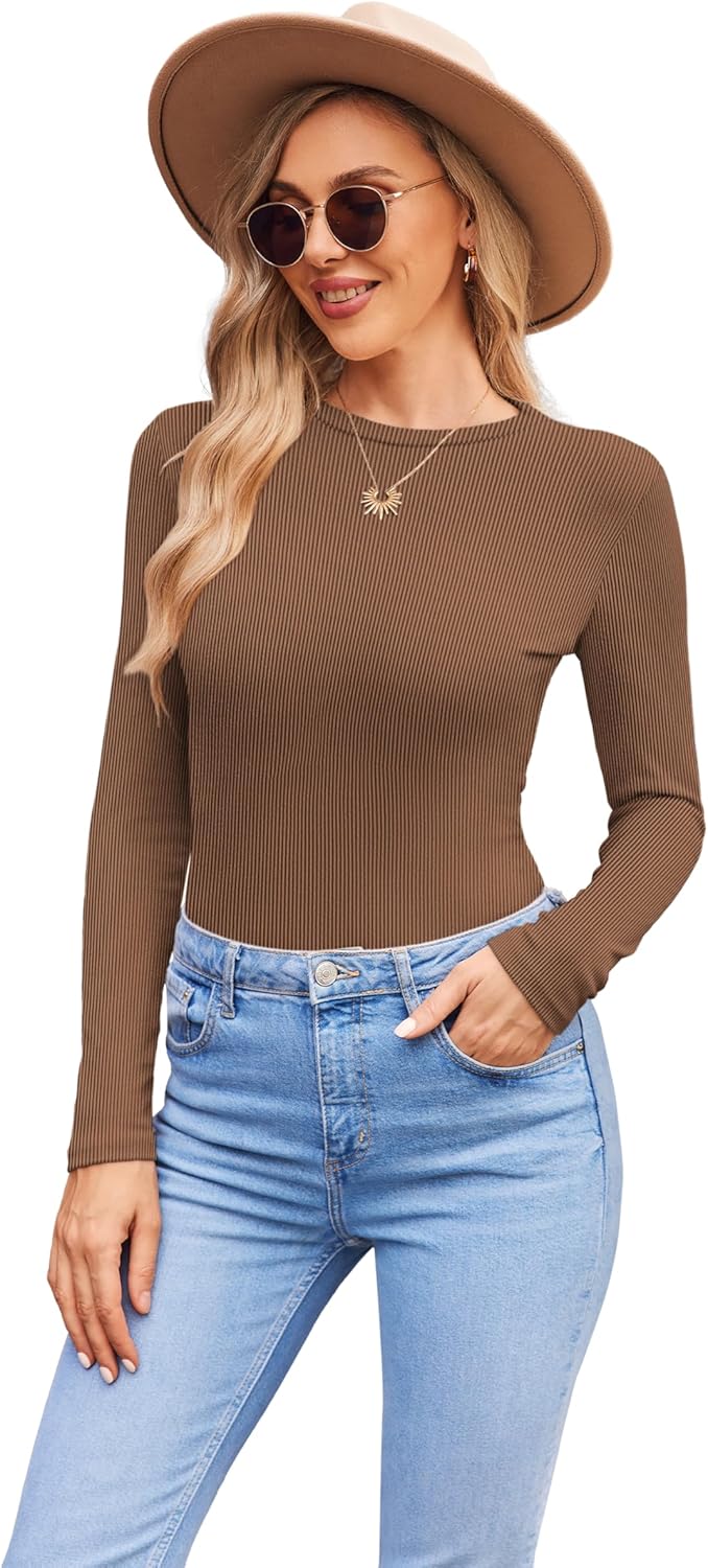 ELESOL Women's Long Sleeve Shirts 3 Packs Crew Neck Stretchy Fitted Tops Ribbed Base Layer Soft Thermal Undershirts Tee