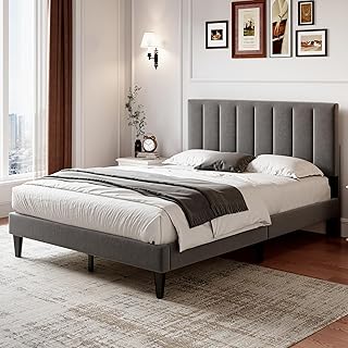 BTM Upholstered Double Bed with Adjustable Headboard, Solid Wood Slat and Mute Foam, 4FT6-135x190cm Double Bed Frame (No Mattress), Grey Velvet