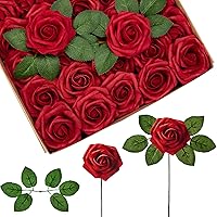 InnoGear 50 Pack Dark Red Foam Artificial Roses with Stems & Leaves - Lifelike Fake Flowers for Weddings, Parties, DIY Bouquets & Decor