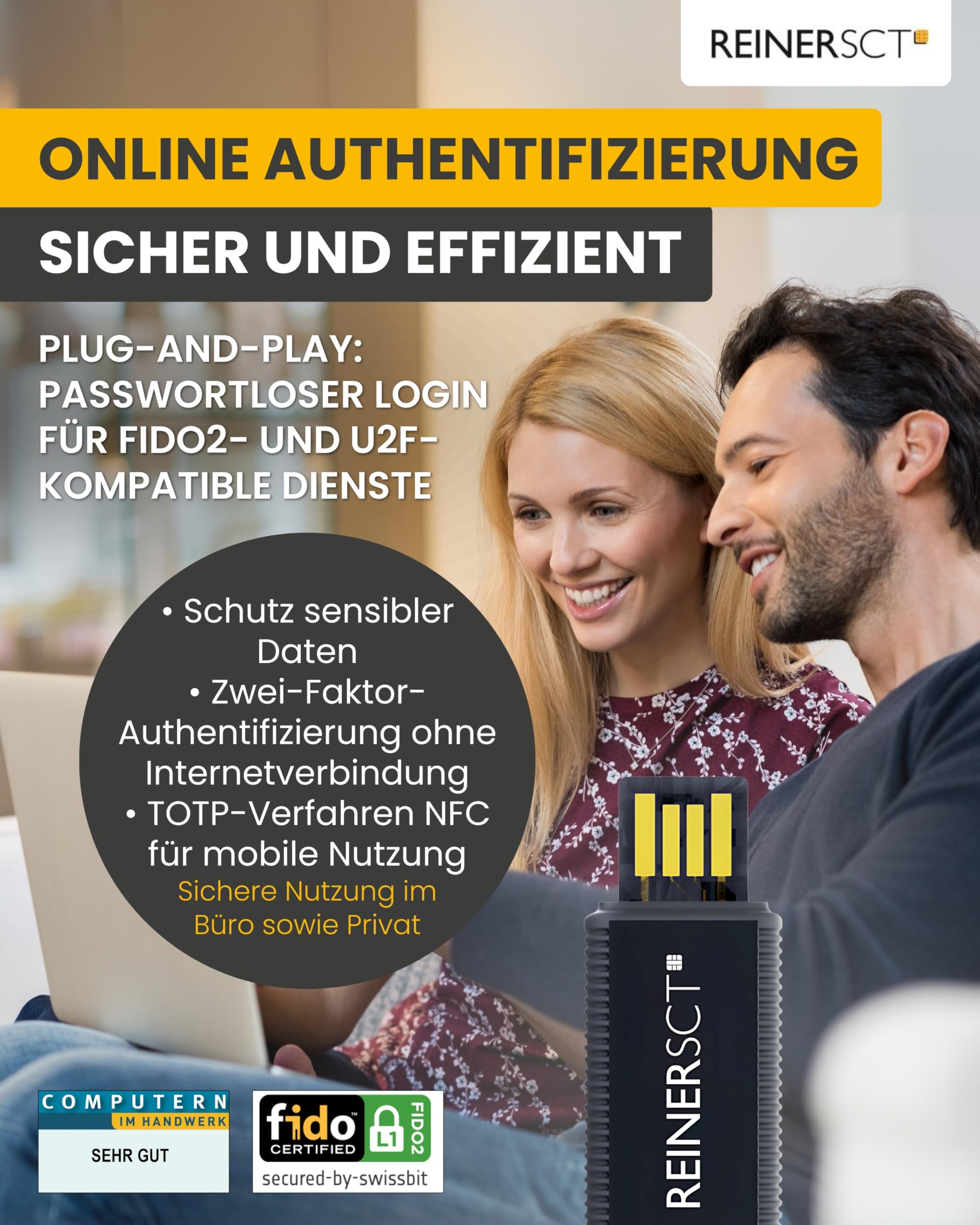 REINER SCT FIDO Stick Pro USB-A | Für FIDO2- und U2F-kompatible Dienste | Sicherheitsschlüssel für schnelle und unkomplizierte Zwei-Faktor-Authentisierung